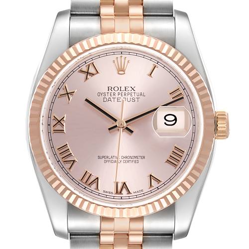 The Rolex Datejust 116231 Men's Steel and Gold (two tone) Pink Dial watch is shown from the front, highlighting the dial, fluted bezel, and two-tone Jubilee bracelet.