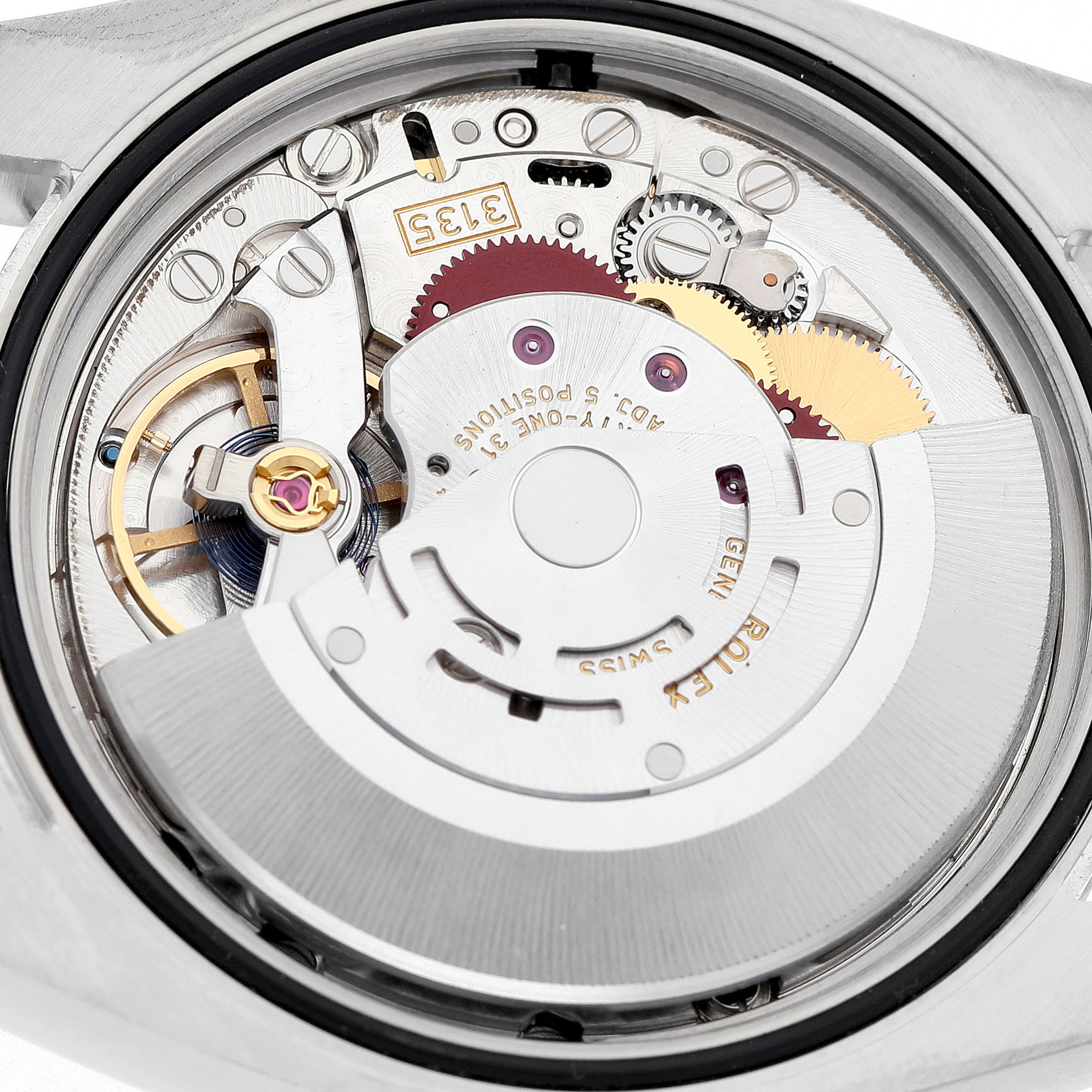 This image shows the movement and internal mechanism of a Rolex Datejust 116231 Men's Steel and Gold (two tone) Pink Dial watch from the backside angle.