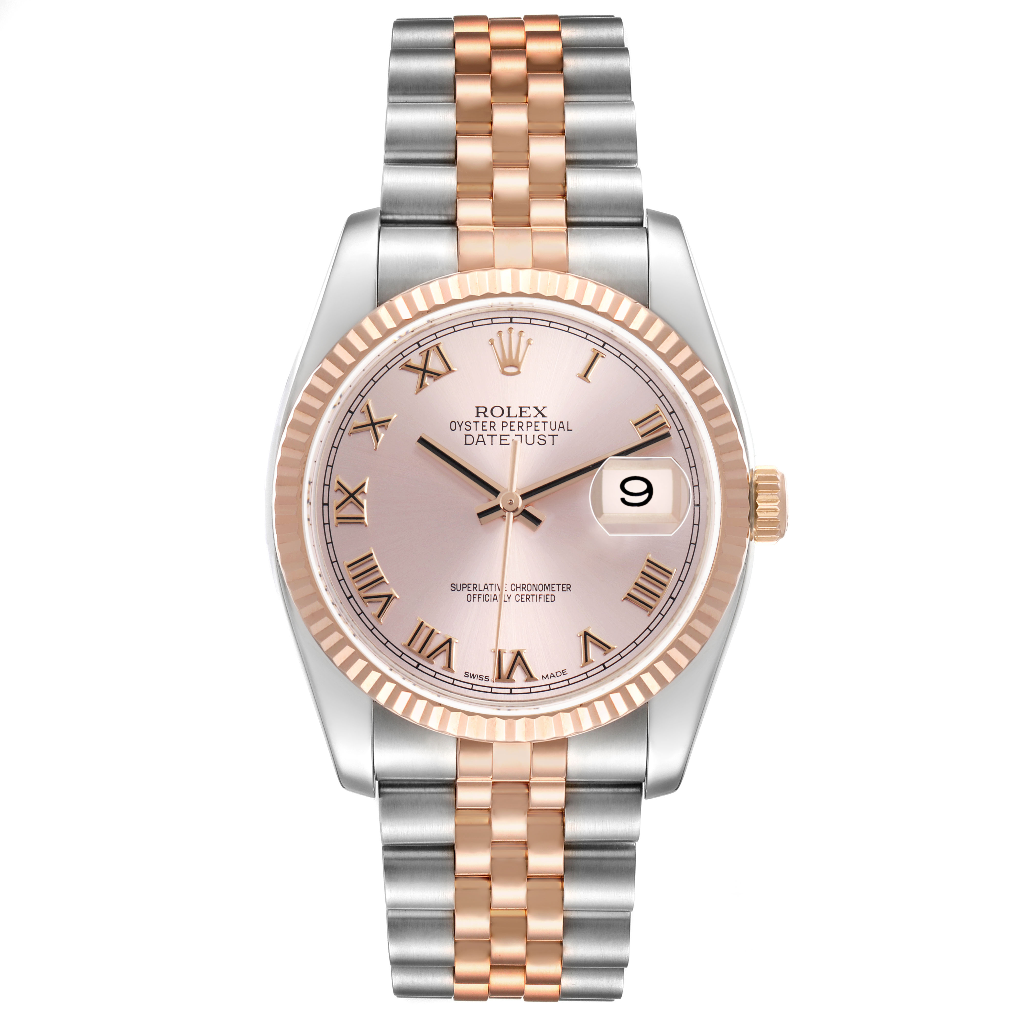 The Rolex Datejust 116231 Men's Steel and Gold (two tone) Pink Dial watch is shown from the front, displaying its dial, bezel, and Jubilee bracelet.