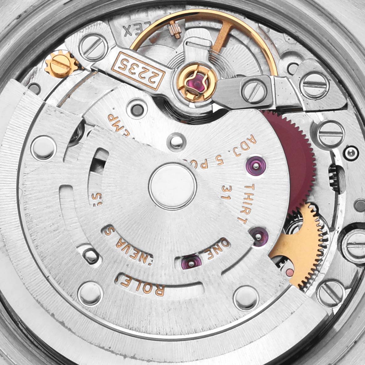 The image shows the intricate movement of a Rolex Datejust 179171 Women's Steel and Gold (two tone) Silver Dial 179171 Women's Steel and Gold (two tone) Silver Dial watch from a top-down angle.