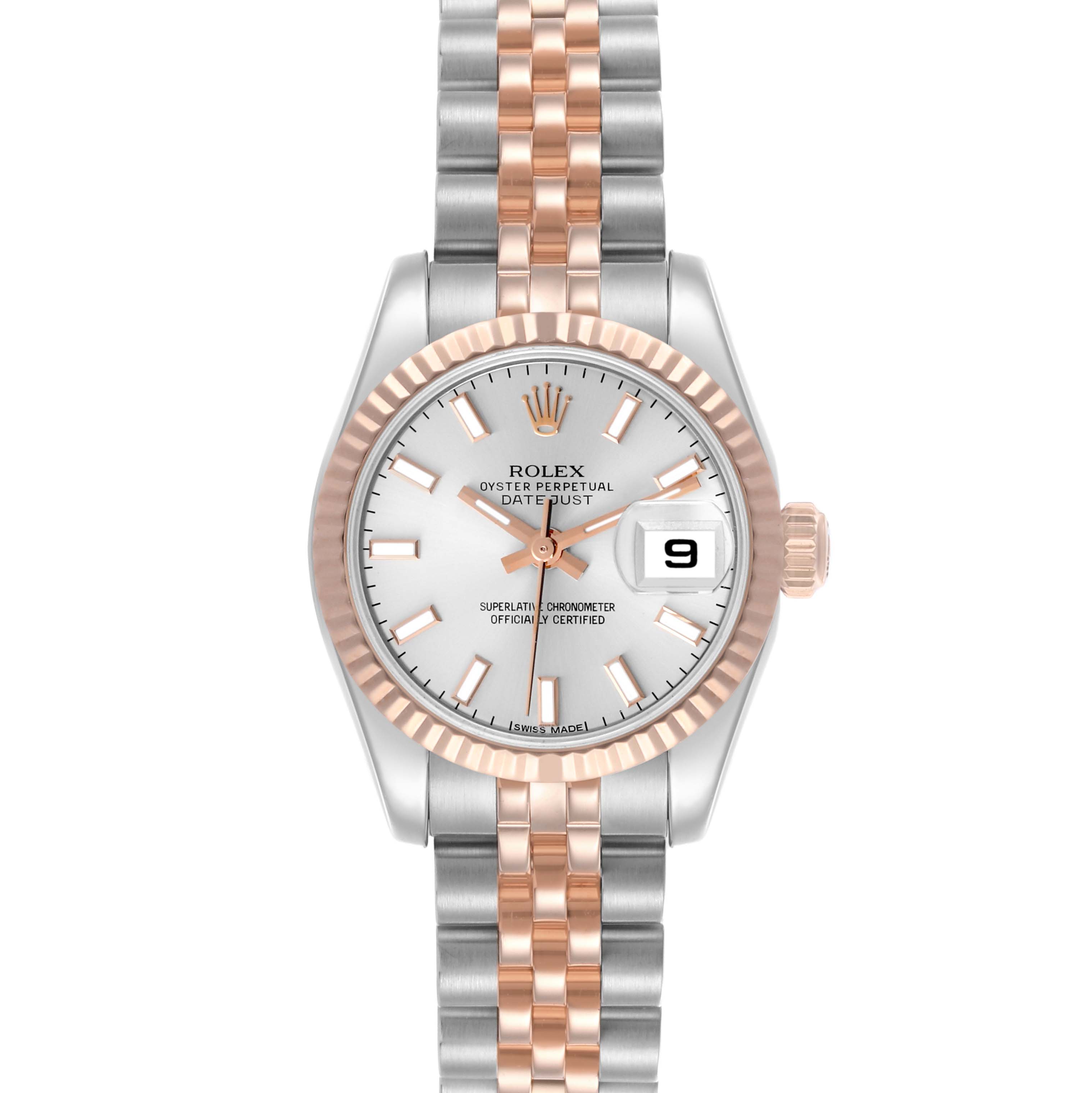 The Rolex Datejust 179171 Women's Steel and Gold (two tone) Silver Dial 179171 Women's Steel and Gold (two tone) Silver Dial watch is shown from a front angle, displaying the dial, hands, bezel, and part of the bracelet.