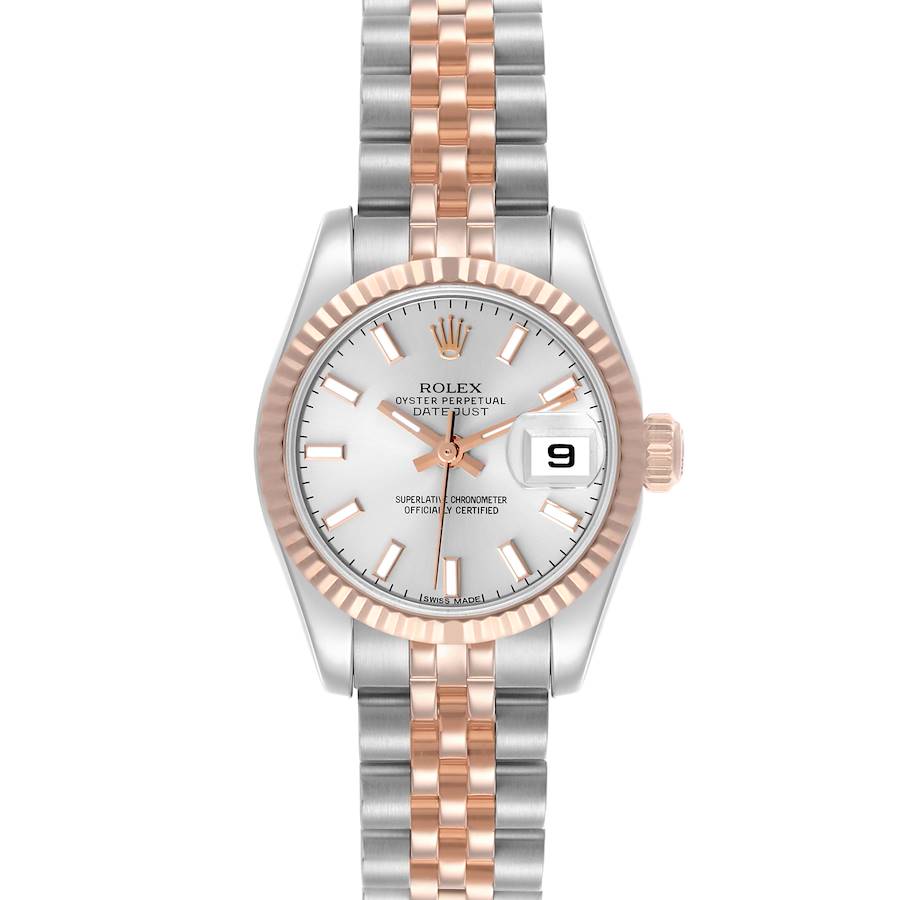 The Rolex Datejust watch is shown from a front angle, displaying the dial, hands, bezel, and part of the bracelet.