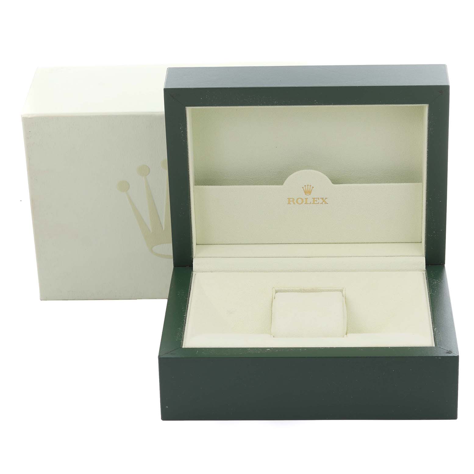 The image shows an open Rolex Datejust 179171 Women's Steel and Gold (two tone) Silver Dial 179171 Women's Steel and Gold (two tone) Silver Dial watch box with the lid open, revealing the interior.