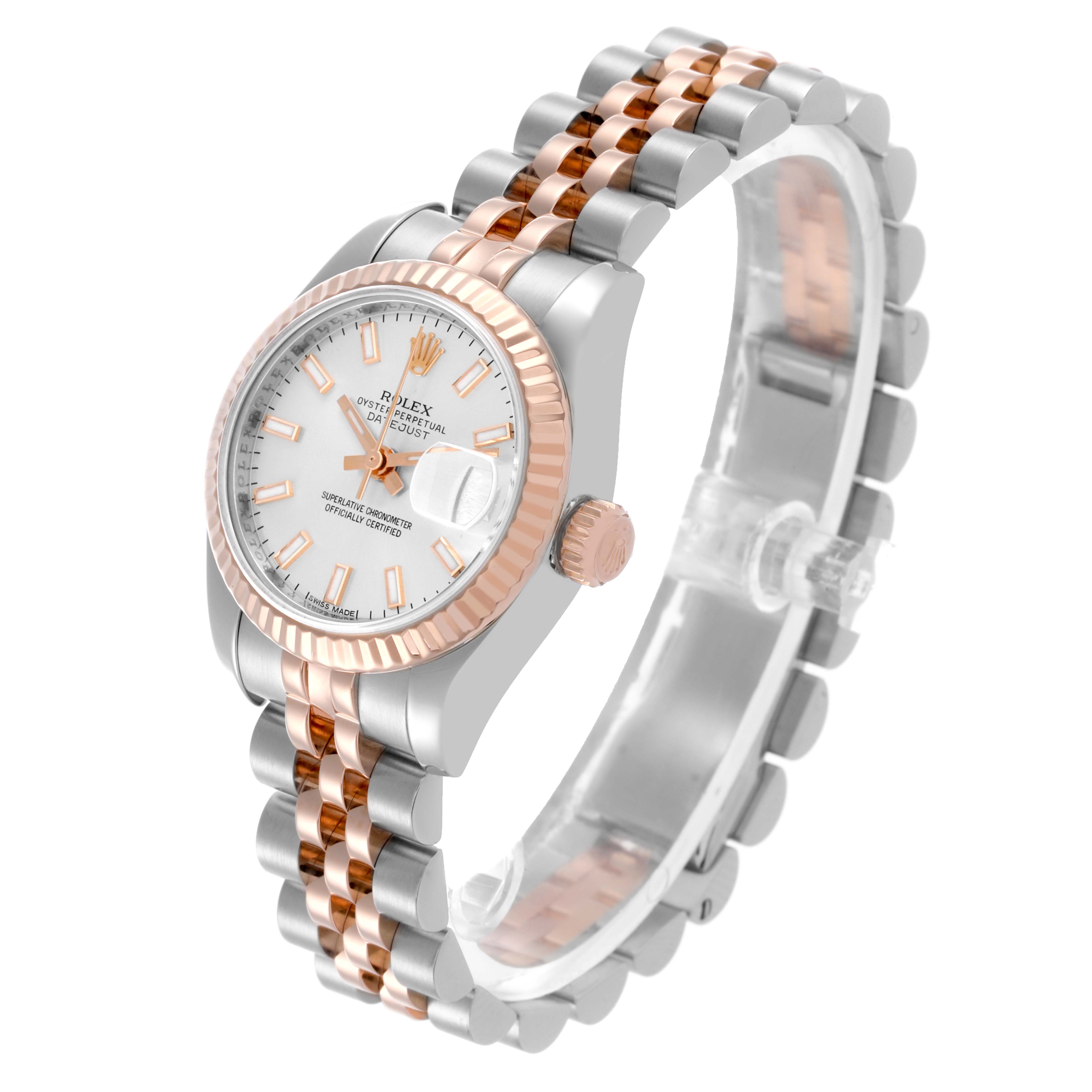 The Rolex Datejust 179171 Women's Steel and Gold (two tone) Silver Dial 179171 Women's Steel and Gold (two tone) Silver Dial watch is shown at an angle displaying the face, bezel, crown, and two-tone bracelet.