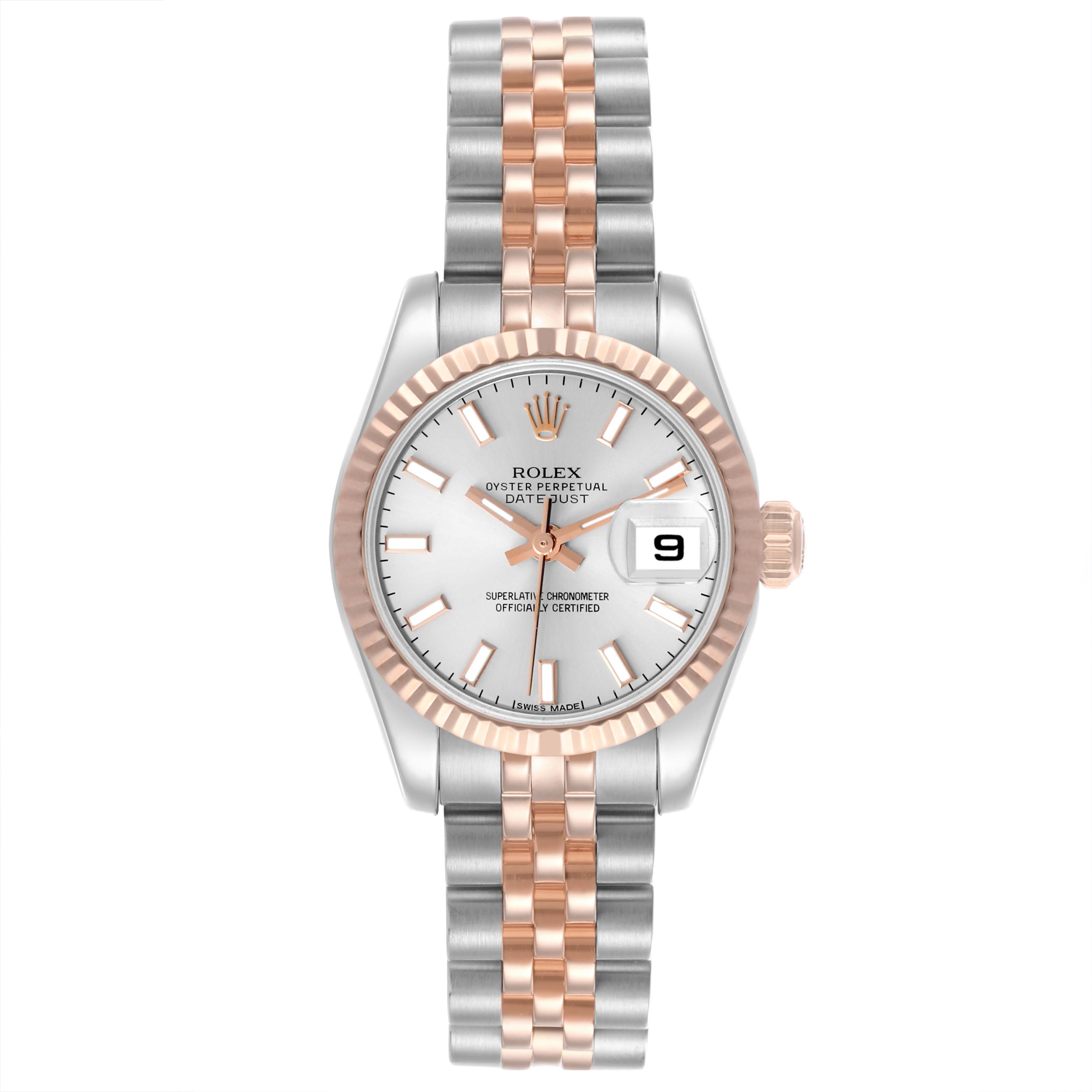 The Rolex Datejust 179171 Women's Steel and Gold (two tone) Silver Dial 179171 Women's Steel and Gold (two tone) Silver Dial watch is shown from the front, showcasing the face, bezel, and bracelet.