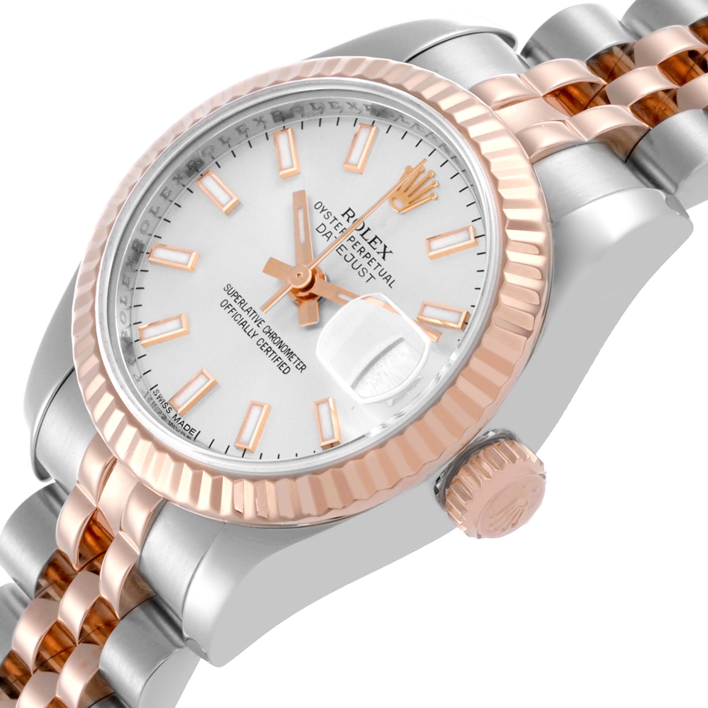 The Rolex Datejust 179171 Women's Steel and Gold (two tone) Silver Dial 179171 Women's Steel and Gold (two tone) Silver Dial is shown at an angled view, highlighting the dial, bezel, crown, and part of the bracelet.