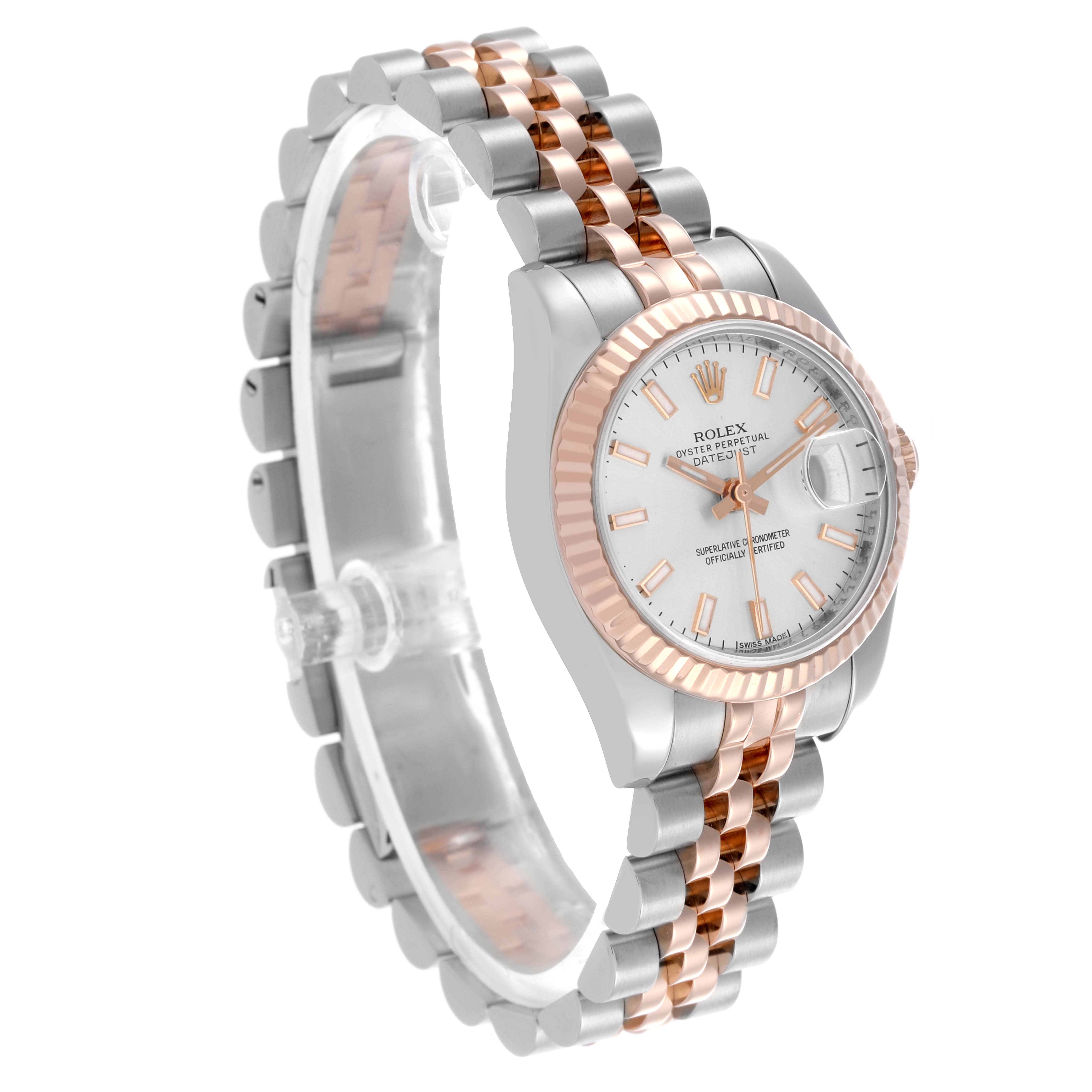 The Rolex Datejust 179171 Women's Steel and Gold (two tone) Silver Dial 179171 Women's Steel and Gold (two tone) Silver Dial watch is shown at a three-quarter angle, highlighting the dial, bezel, and two-tone bracelet.