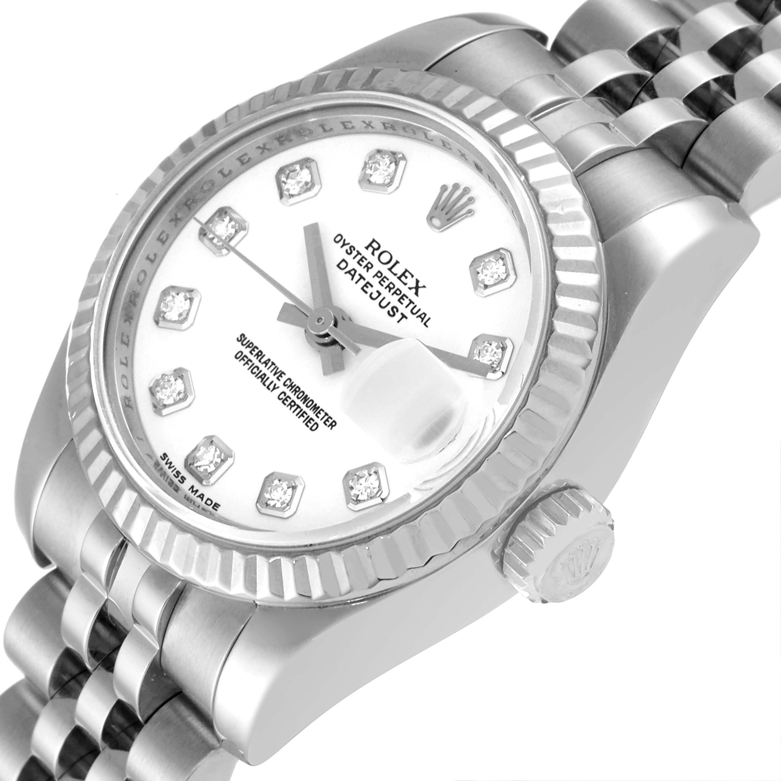 This image shows a close-up angle of the Rolex Datejust 179174 Women's Stainless Steel White Dial 179174 Women's Stainless Steel White Dial, highlighting its face, bezel, crown, and part of the bracelet.