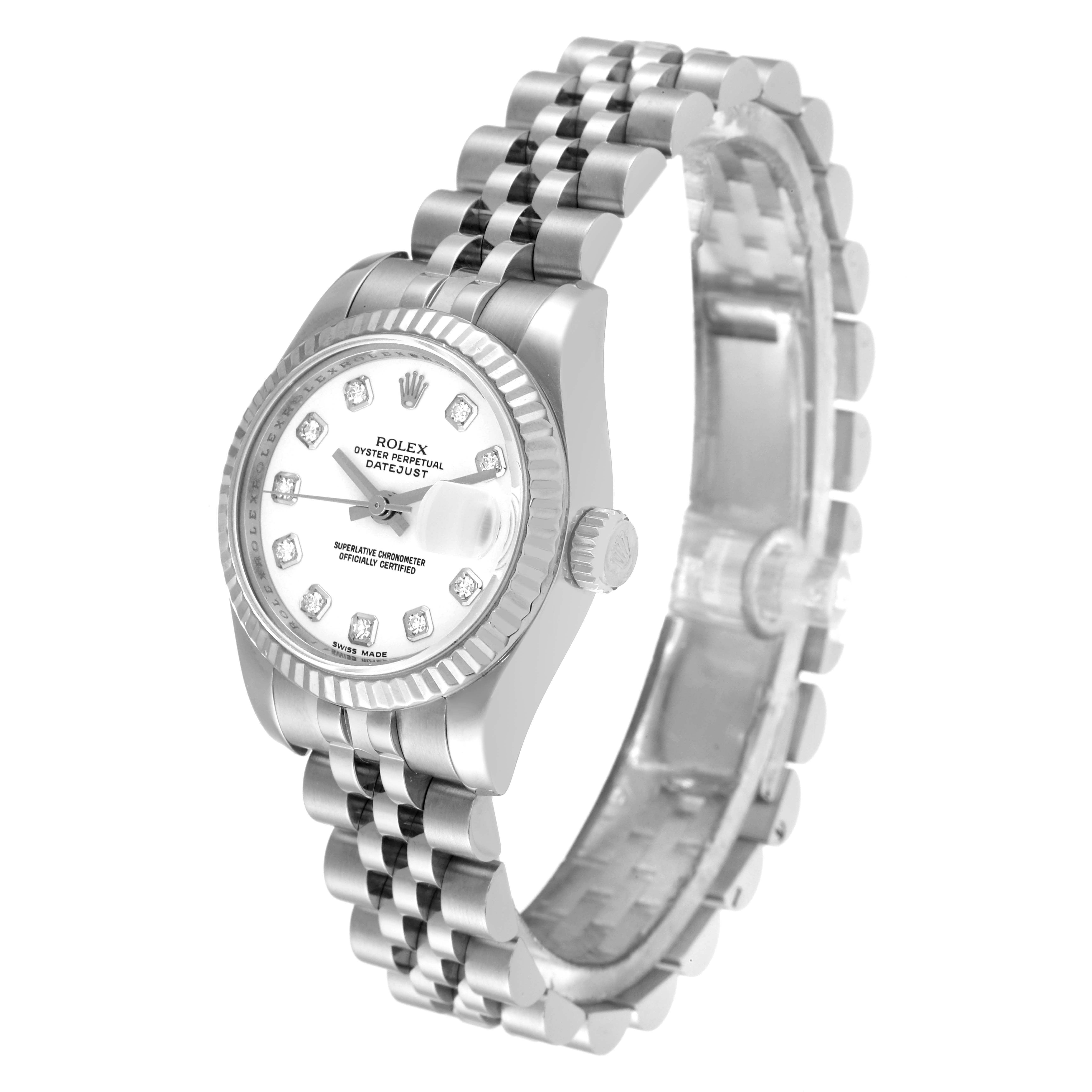 The image shows a Rolex Datejust 179174 Women's Stainless Steel White Dial 179174 Women's Stainless Steel White Dial watch at a three-quarter angle, highlighting its face, bezel, and bracelet.