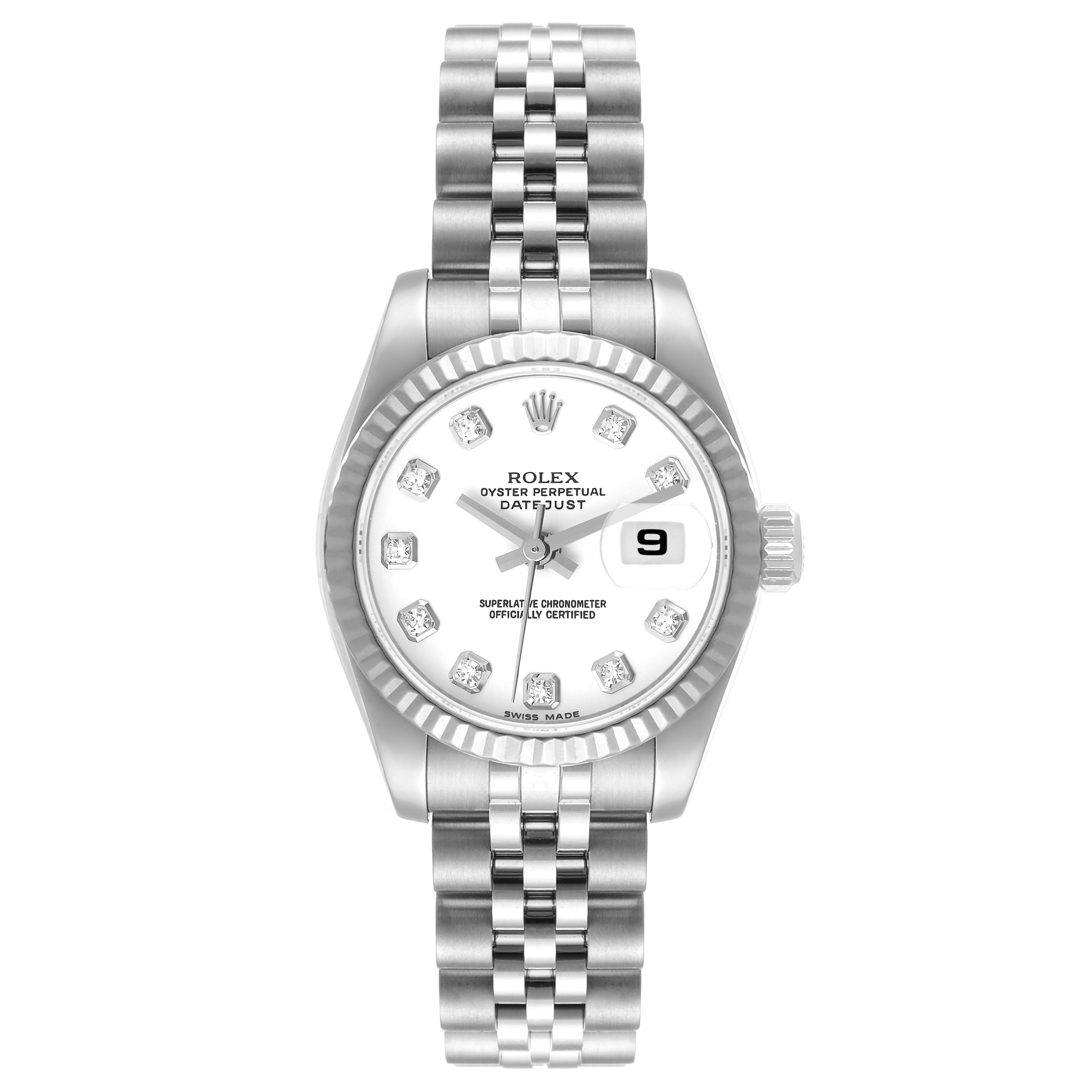 The image shows the front view of a Rolex Datejust 179174 Women's Stainless Steel White Dial 179174 Women's Stainless Steel White Dial watch, highlighting the bracelet, bezel, dial, and cyclops lens over the date.