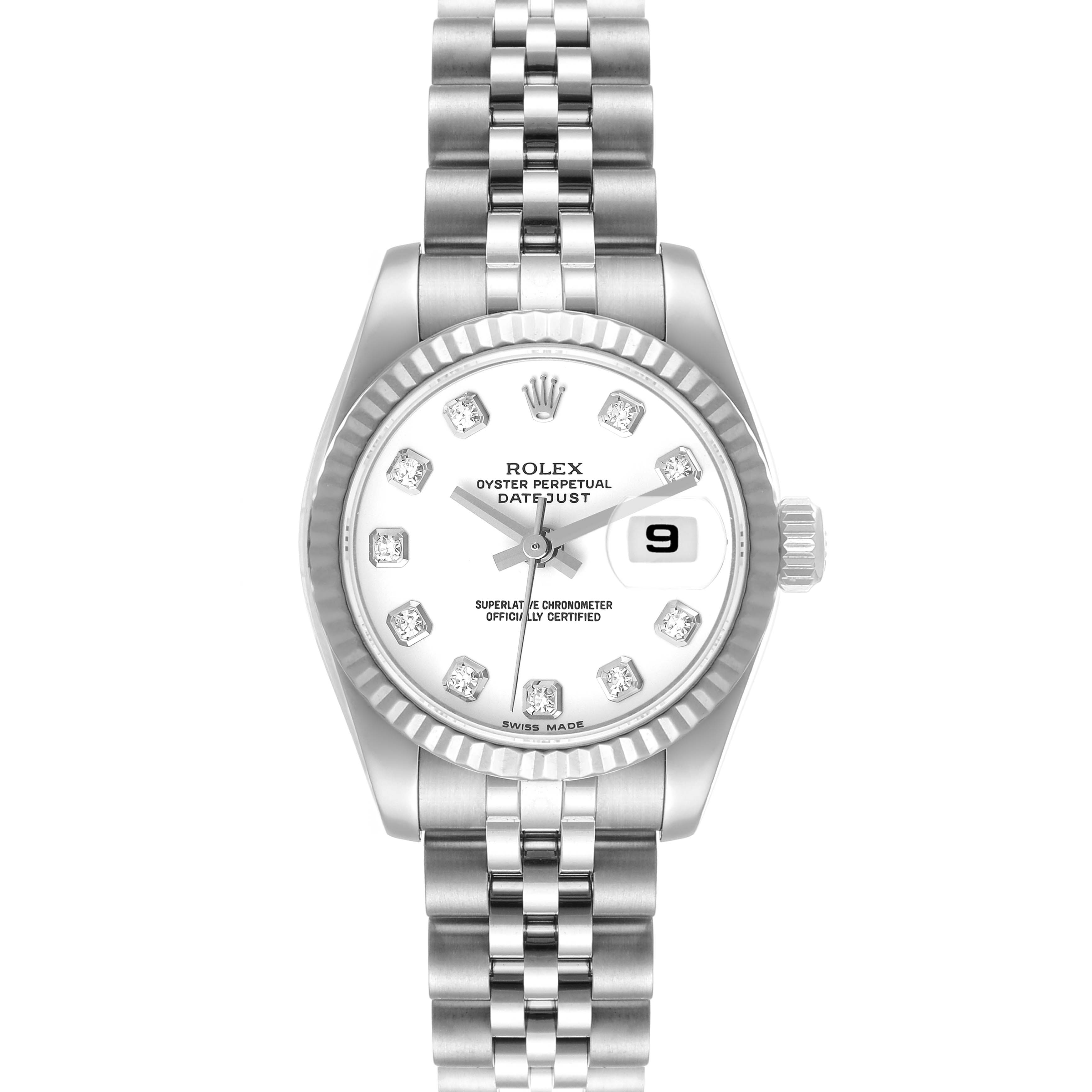 This is a head-on view of a Rolex Datejust 179174 Women's Stainless Steel White Dial 179174 Women's Stainless Steel White Dial watch, showing the face, bezel, and bracelet.