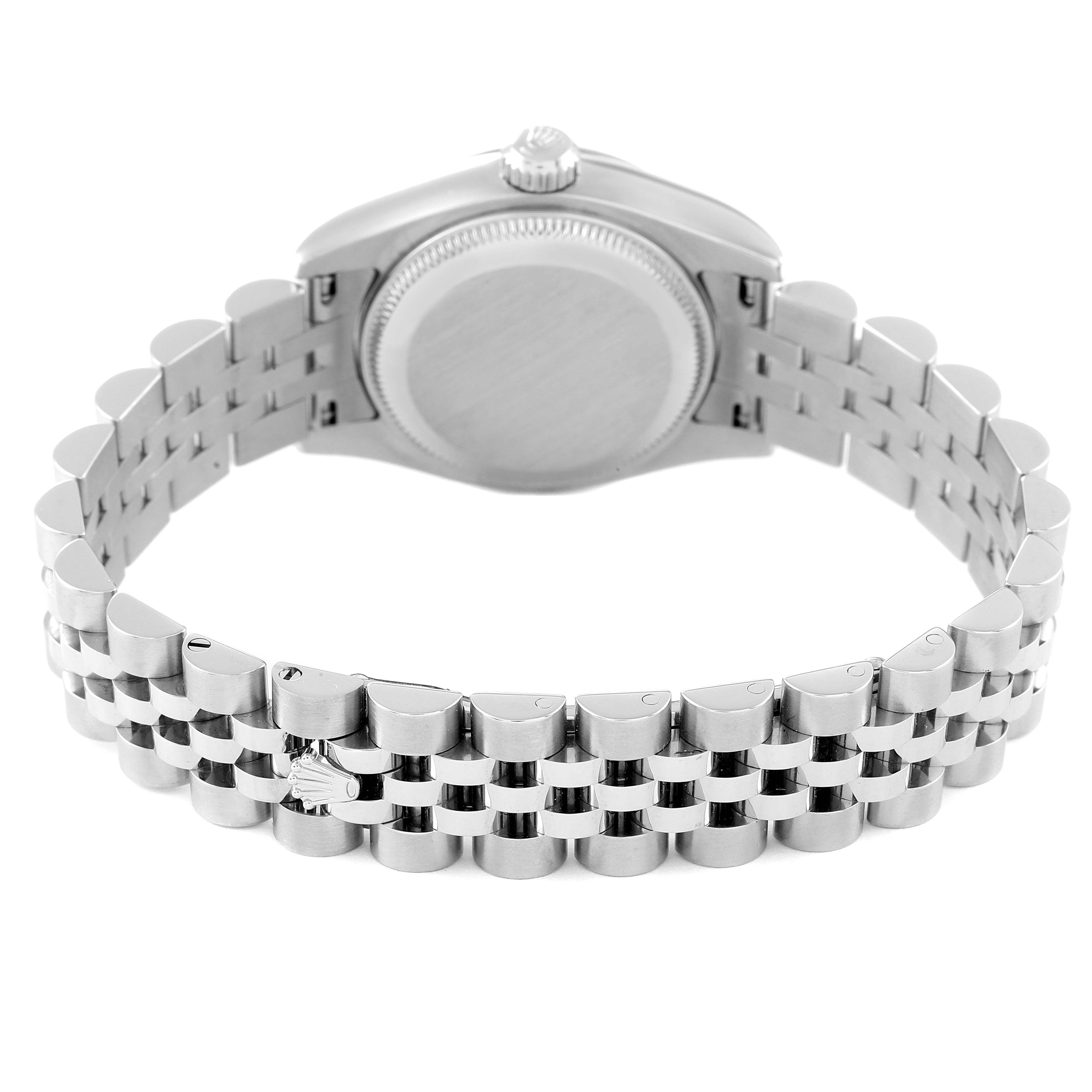 This image shows the back and bracelet of a Rolex Datejust 179174 Women's Stainless Steel White Dial 179174 Women's Stainless Steel White Dial watch from a rear angle.