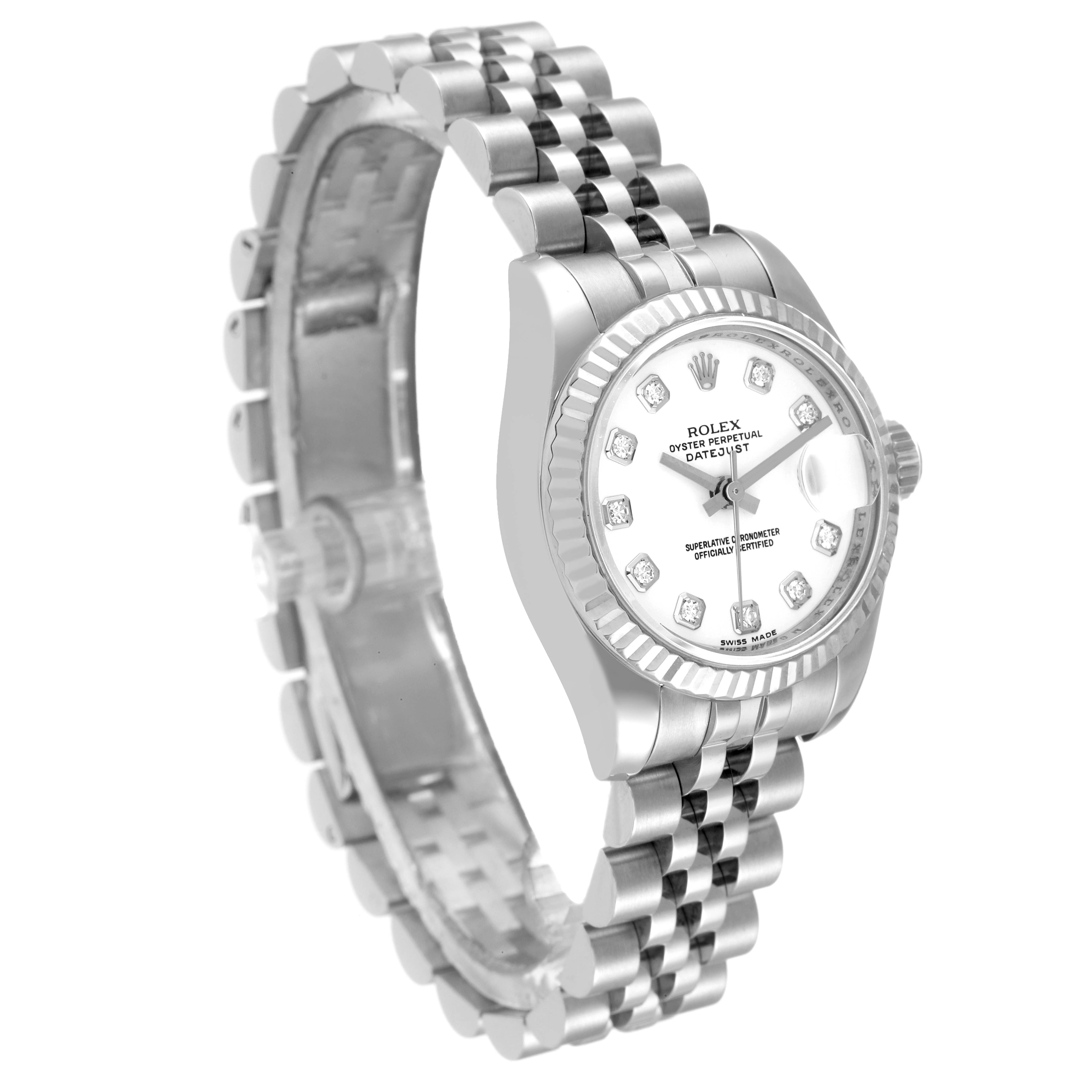 The image shows a side angle of a Rolex Datejust 179174 Women's Stainless Steel White Dial 179174 Women's Stainless Steel White Dial watch, displaying its face, bezel, and bracelet.