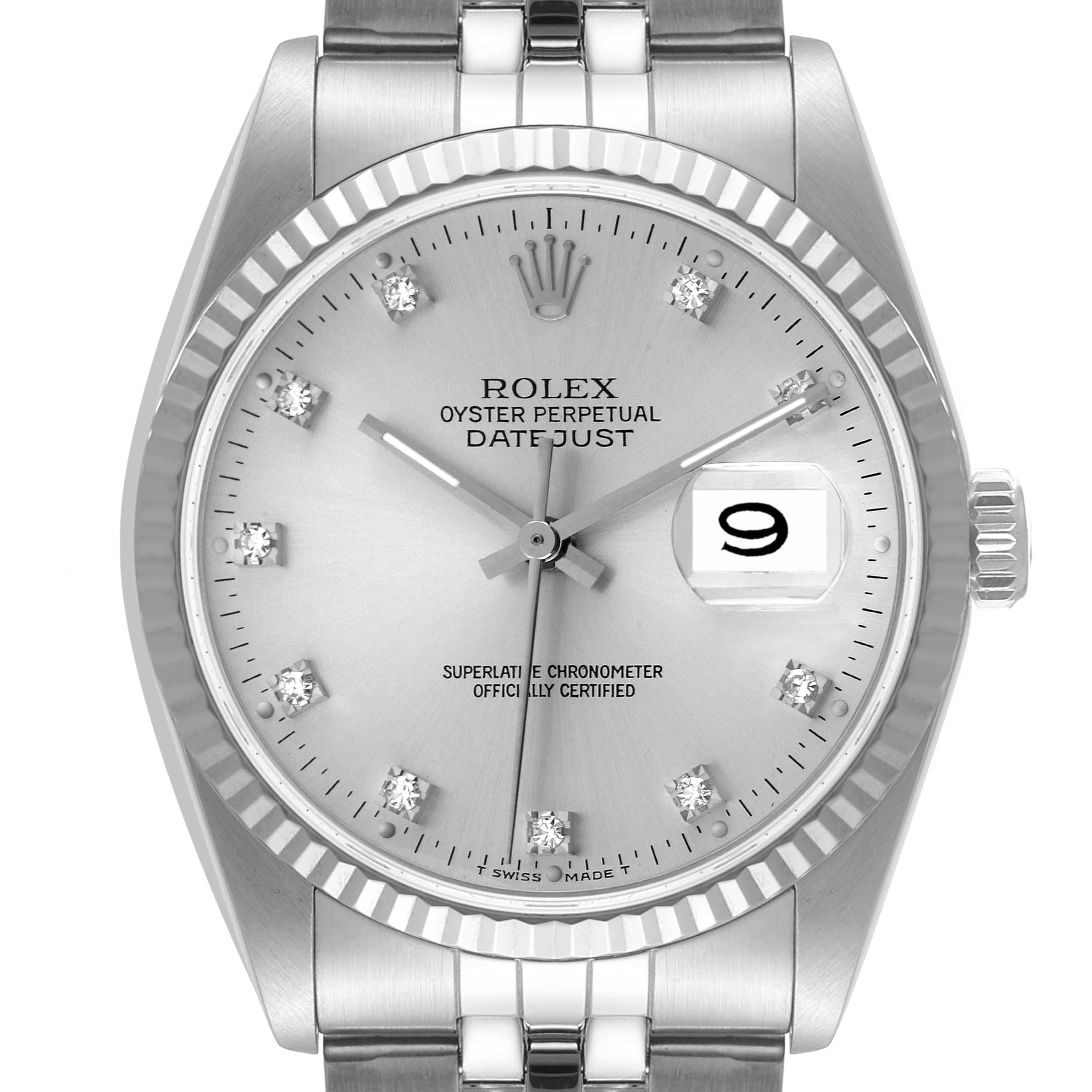 The image shows a frontal view of the Rolex Datejust 16234 Men's Stainless Steel Silver Dial 16234 Men's Stainless Steel Silver Dial watch, showcasing the dial, hands, bezel, and part of the bracelet.