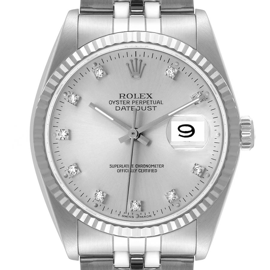 The image shows a frontal view of the Rolex Datejust watch, showcasing the dial, hands, bezel, and part of the bracelet.