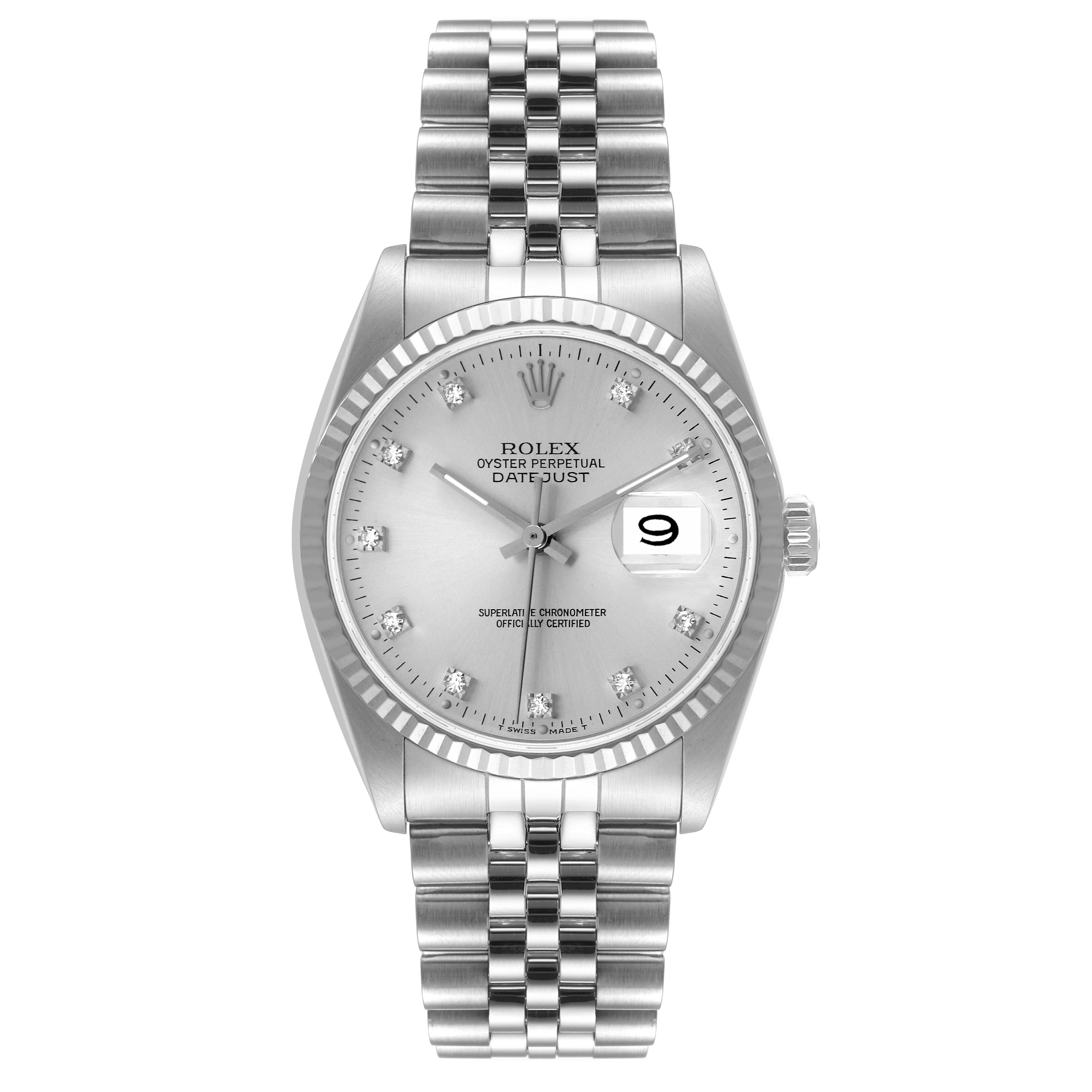 This image shows a front view of a Rolex Datejust 16234 Men's Stainless Steel Silver Dial 16234 Men's Stainless Steel Silver Dial watch, displaying its face, bezel, bracelet, and date window.