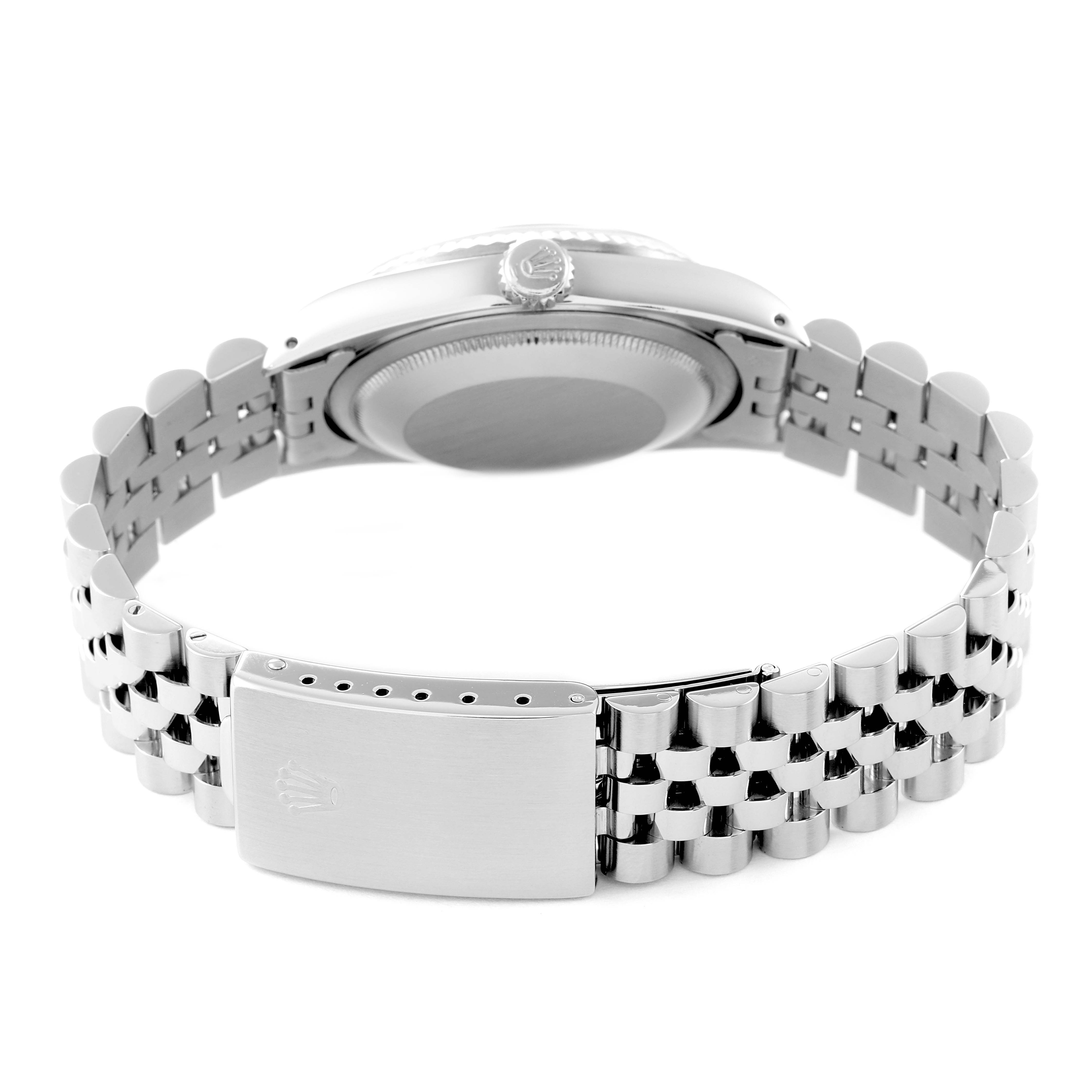 This is the rear view of a Rolex Datejust 16234 Men's Stainless Steel Silver Dial 16234 Men's Stainless Steel Silver Dial, showcasing the case back, crown, and Jubilee bracelet with the clasp.