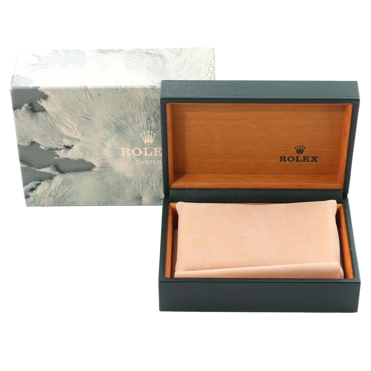 The image shows the open packaging box and the outer box for a Rolex Datejust 16234 Men's Stainless Steel Silver Dial 16234 Men's Stainless Steel Silver Dial watch.