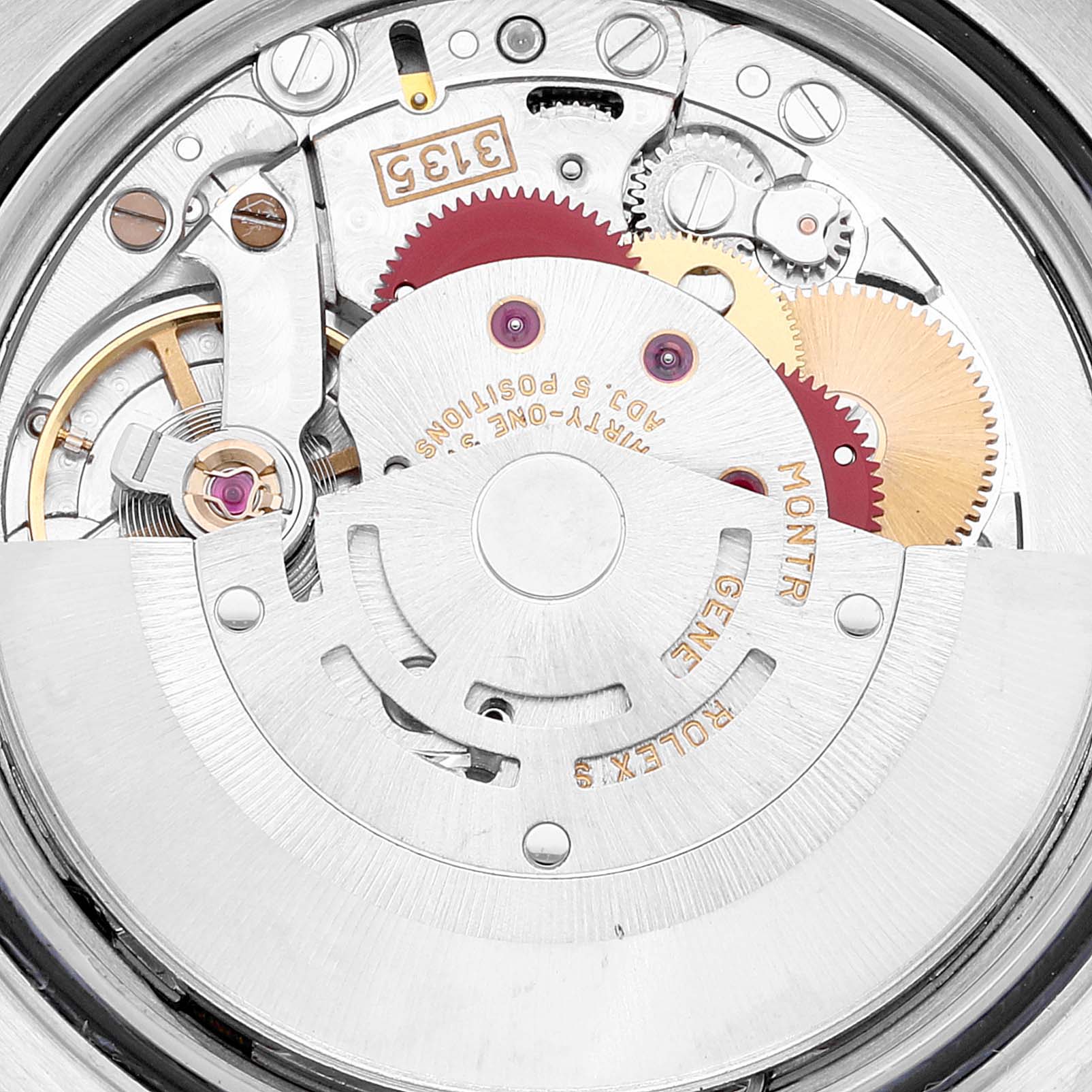 Close-up of the Rolex Datejust 16234 Men's Stainless Steel Silver Dial 16234 Men's Stainless Steel Silver Dial model's movement and internal mechanisms.