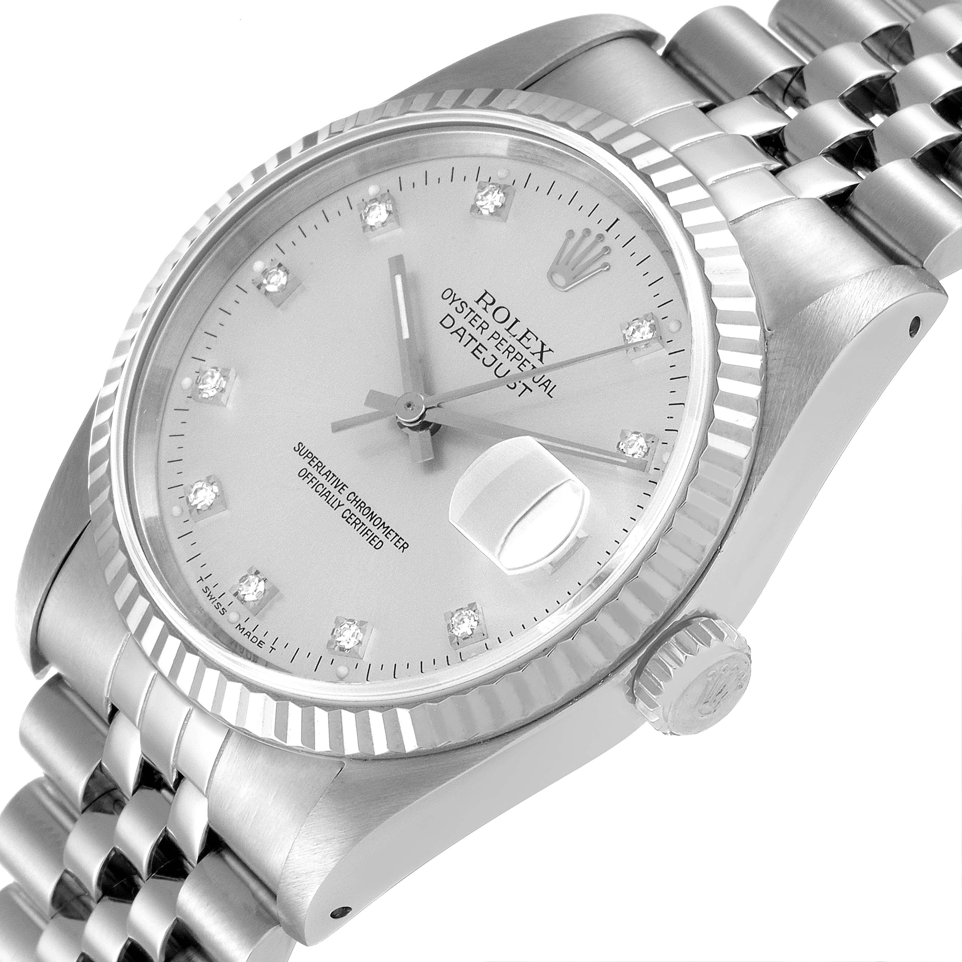 The image shows a Rolex Datejust 16234 Men's Stainless Steel Silver Dial 16234 Men's Stainless Steel Silver Dial watch at a three-quarter angle, highlighting the dial, bezel, crown, and bracelet.