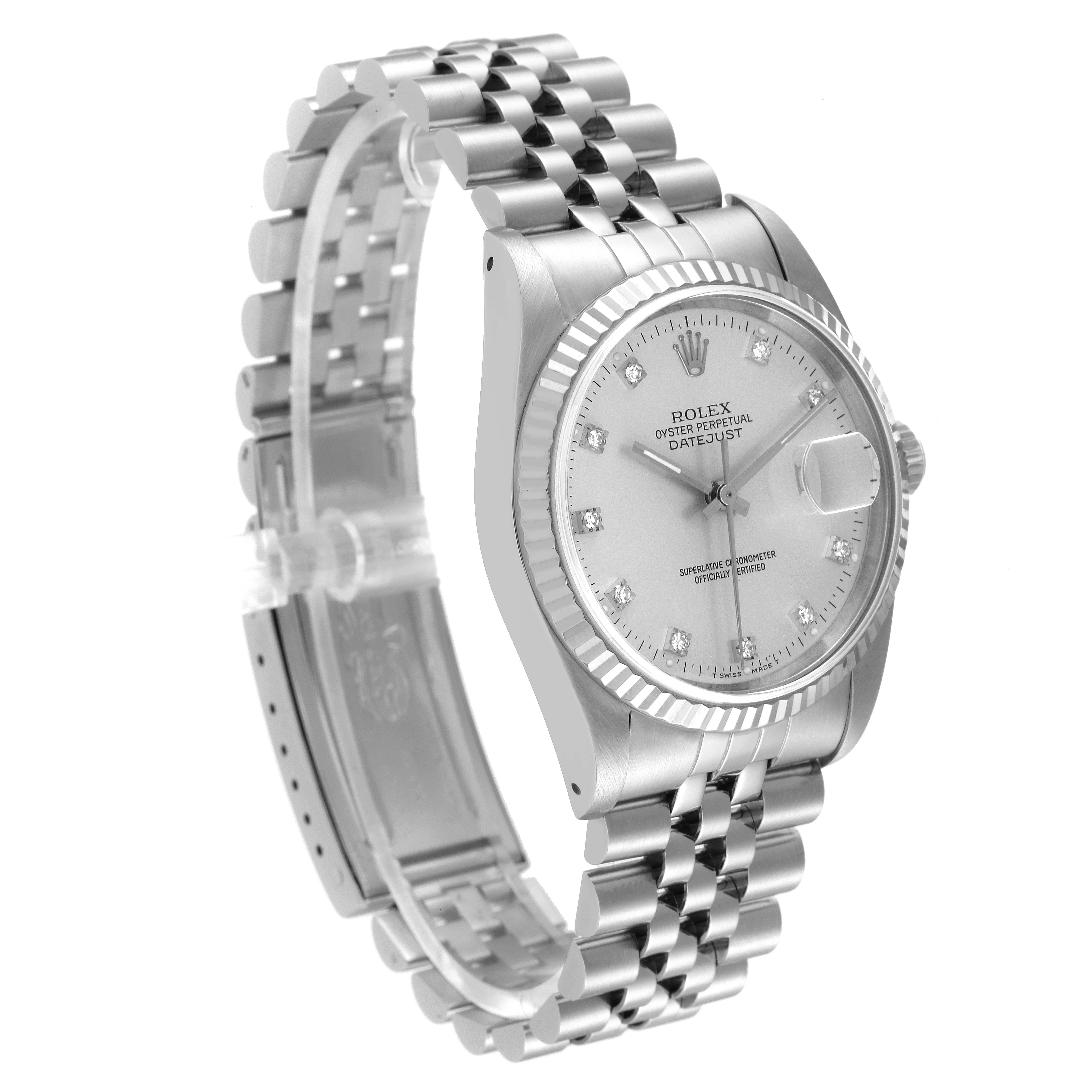 The Rolex Datejust 16234 Men's Stainless Steel Silver Dial 16234 Men's Stainless Steel Silver Dial watch is shown at an angle, displaying the face, bezel, case, and partially open bracelet.