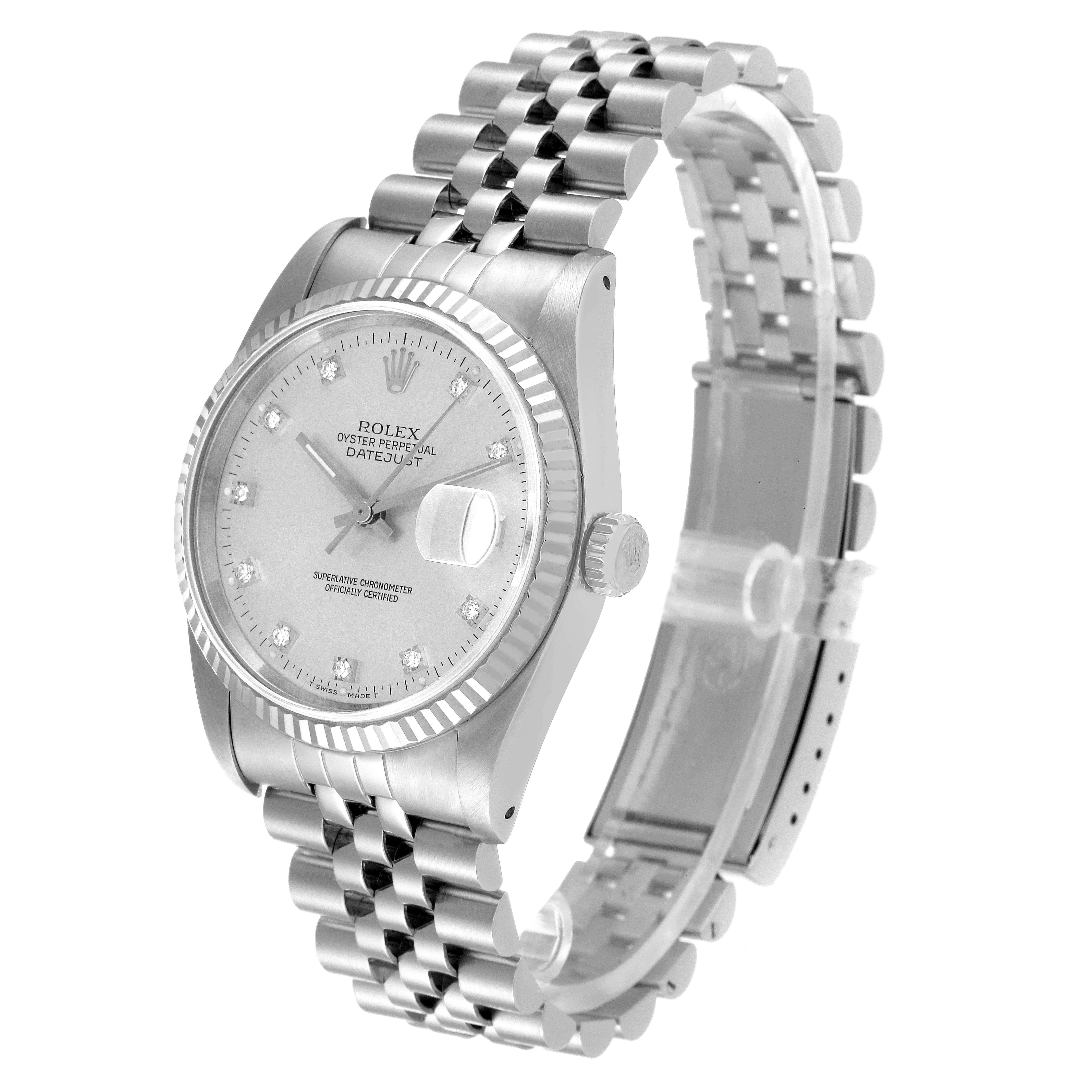 This image shows a Rolex Datejust 16234 Men's Stainless Steel Silver Dial 16234 Men's Stainless Steel Silver Dial watch from a three-quarter angle, highlighting the dial, case, crown, and bracelet.