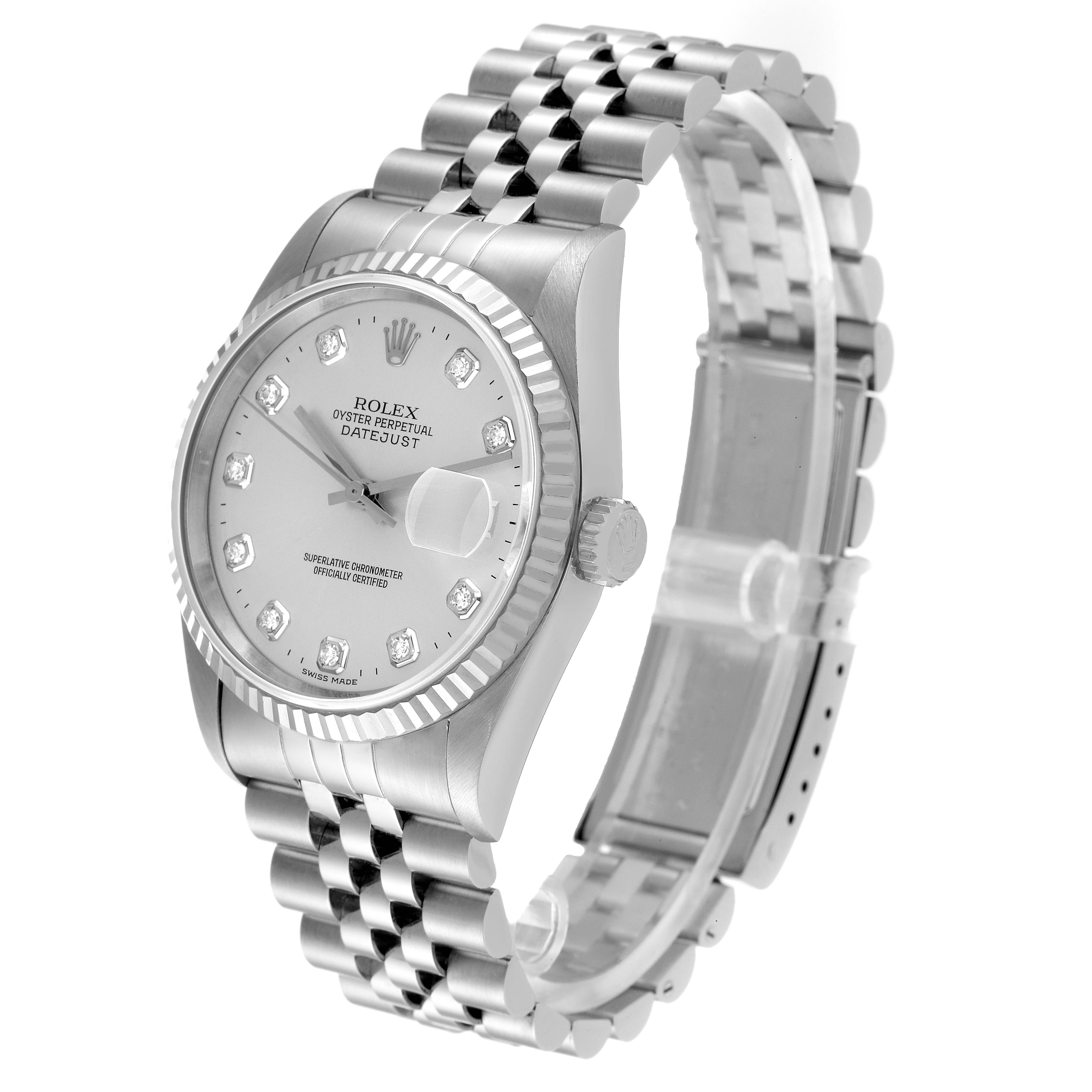 The Rolex Datejust 16234 Men's Stainless Steel Silver Dial 16234 Men's Stainless Steel Silver Dial watch is shown at an angled side view, highlighting the face, bezel, crown, and Jubilee bracelet.