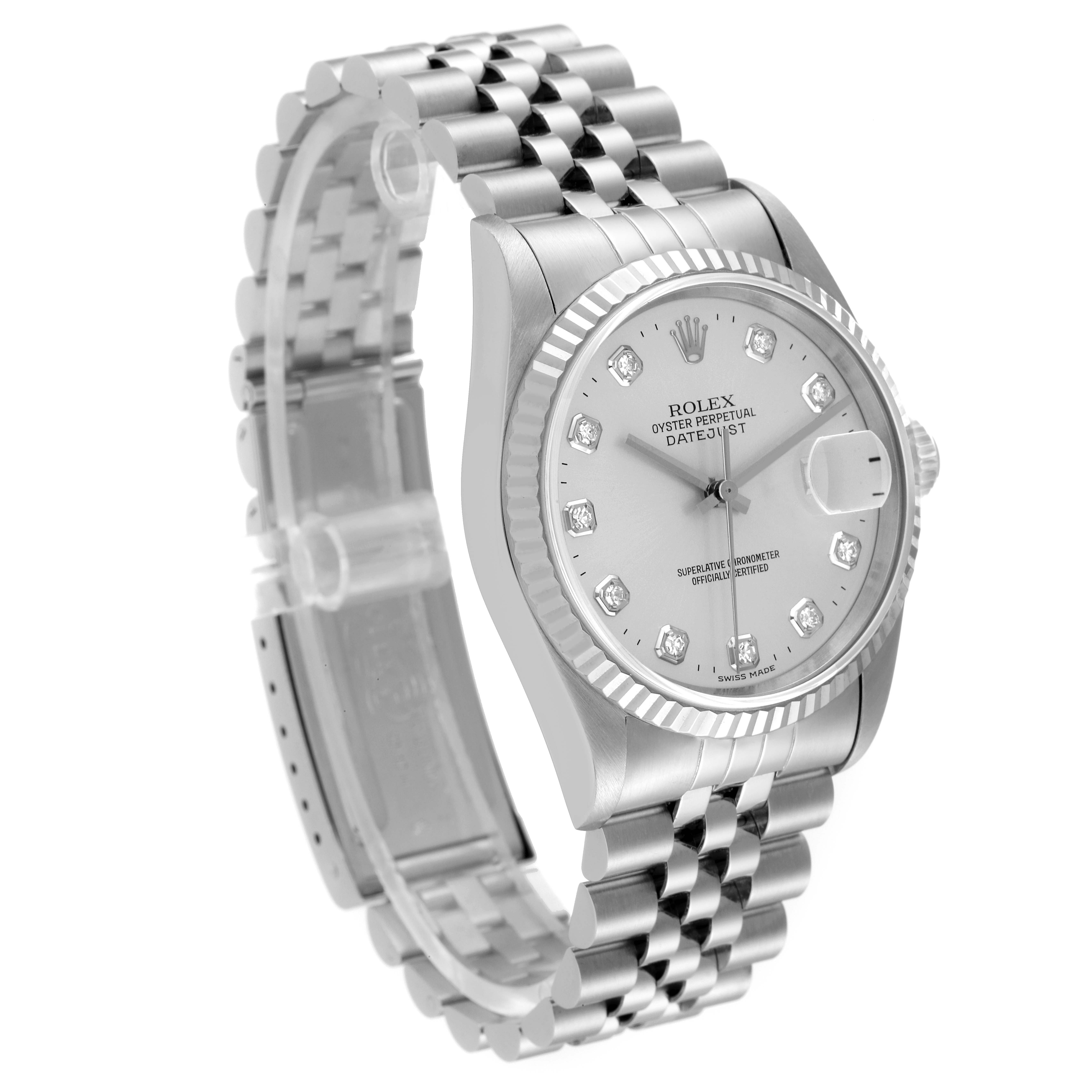 The image shows a Rolex Datejust 16234 Men's Stainless Steel Silver Dial 16234 Men's Stainless Steel Silver Dial model watch angled to display its face, bezel, and bracelet.