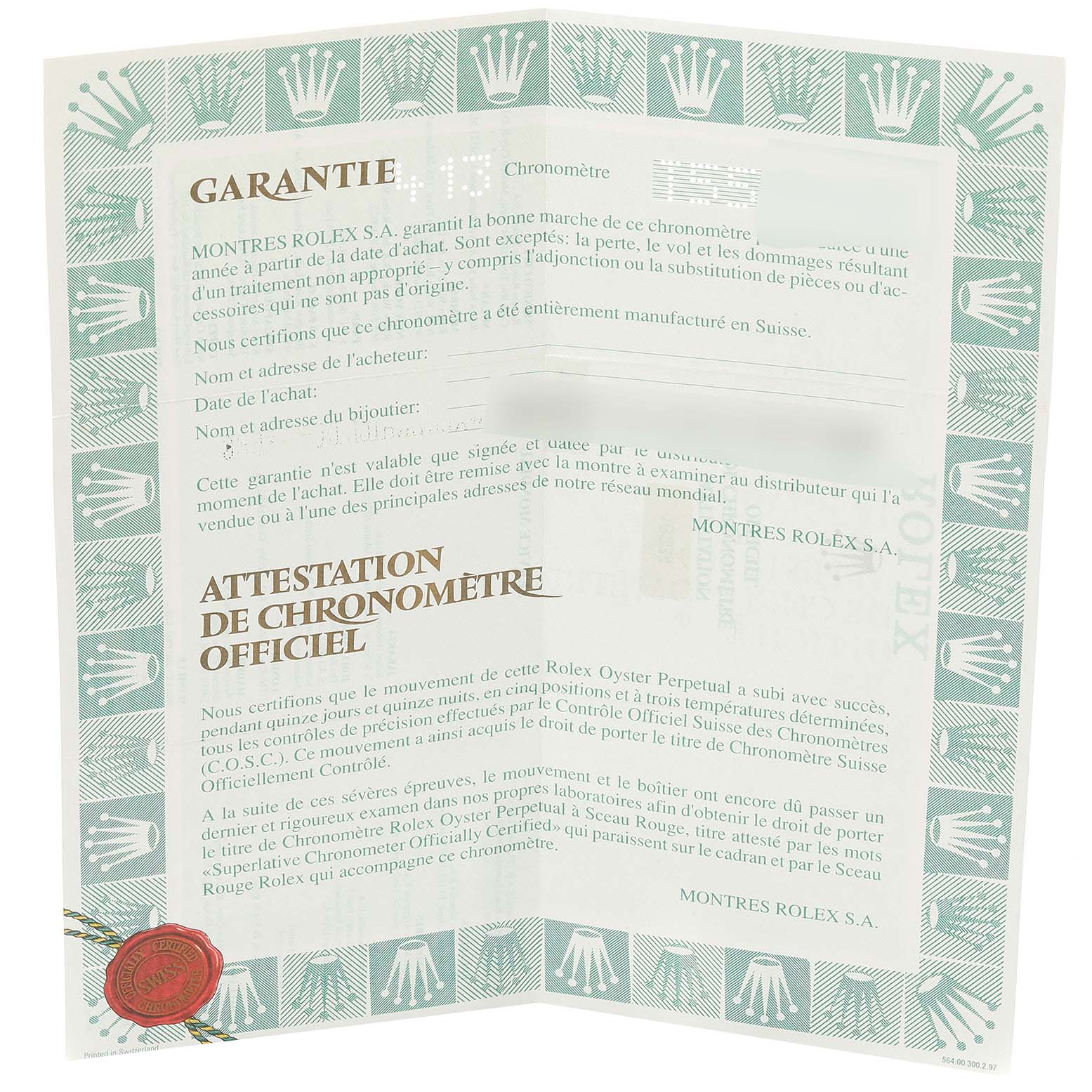 This image shows the official warranty and chronometer certification documents for the Rolex Datejust 16234 Men's Stainless Steel Silver Dial 16234 Men's Stainless Steel Silver Dial watch.