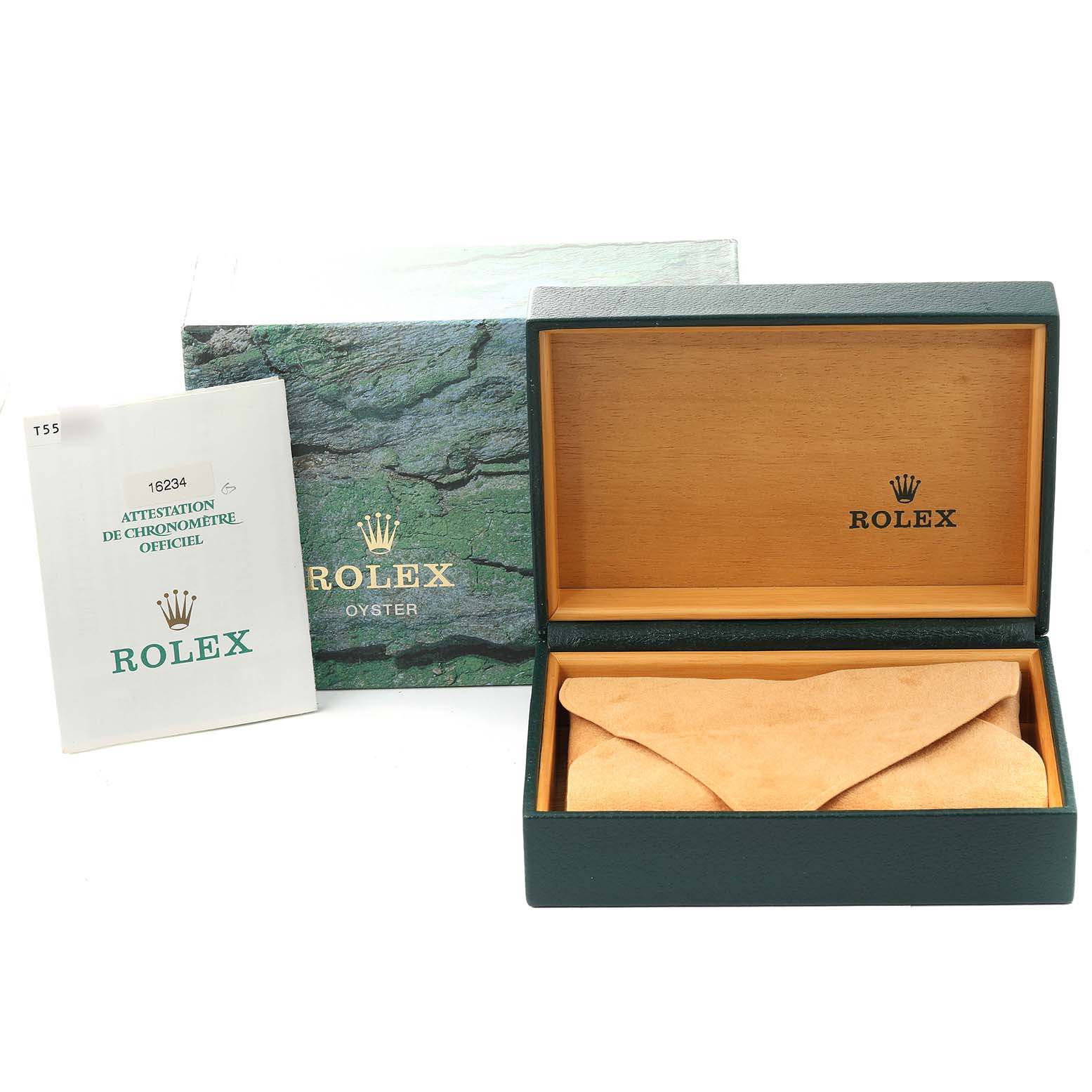 The image shows the box and Certificate of Chronometer for a Rolex Datejust 16234 Men's Stainless Steel Silver Dial 16234 Men's Stainless Steel Silver Dial watch.