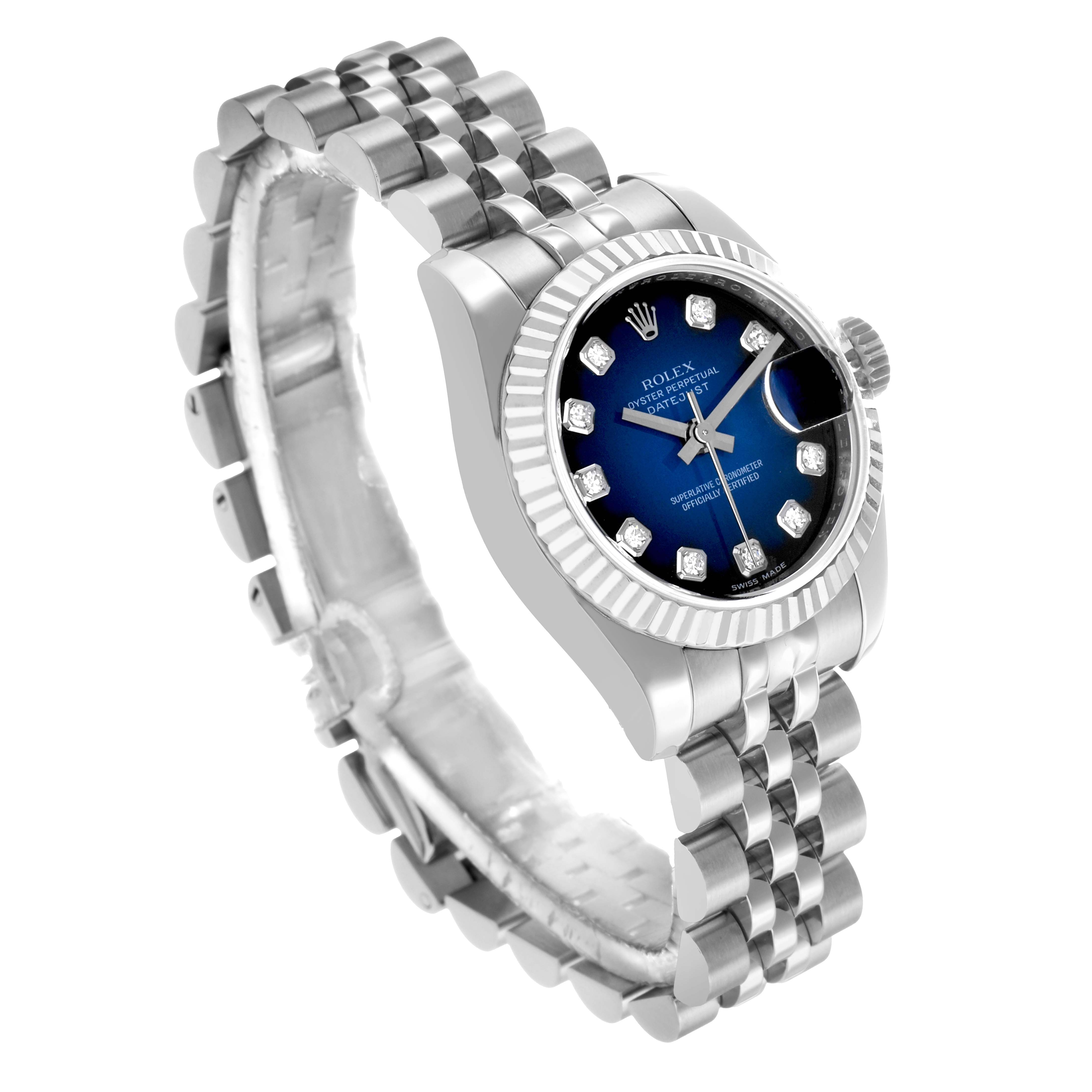 The Rolex Datejust 179174 Women's Stainless Steel Blue Dial watch is shown at a three-quarter angle, highlighting the bezel, dial, and bracelet.