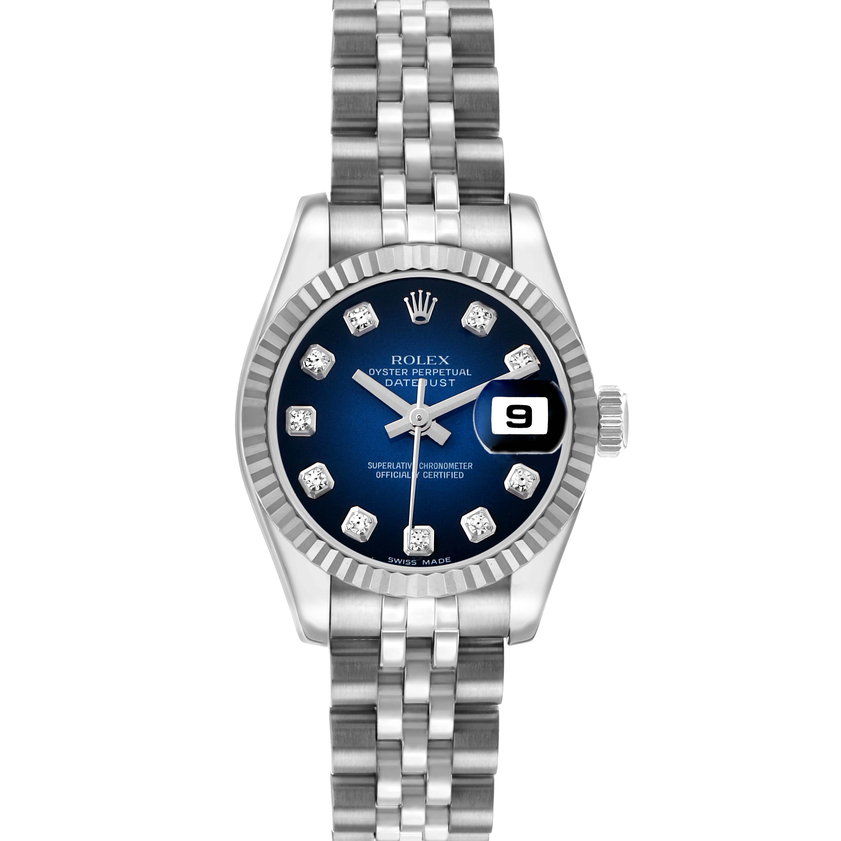 The Rolex Datejust 179174 Women's Stainless Steel Blue Dial watch is shown from a top-down angle featuring the dial, bezel, crown, and bracelet.