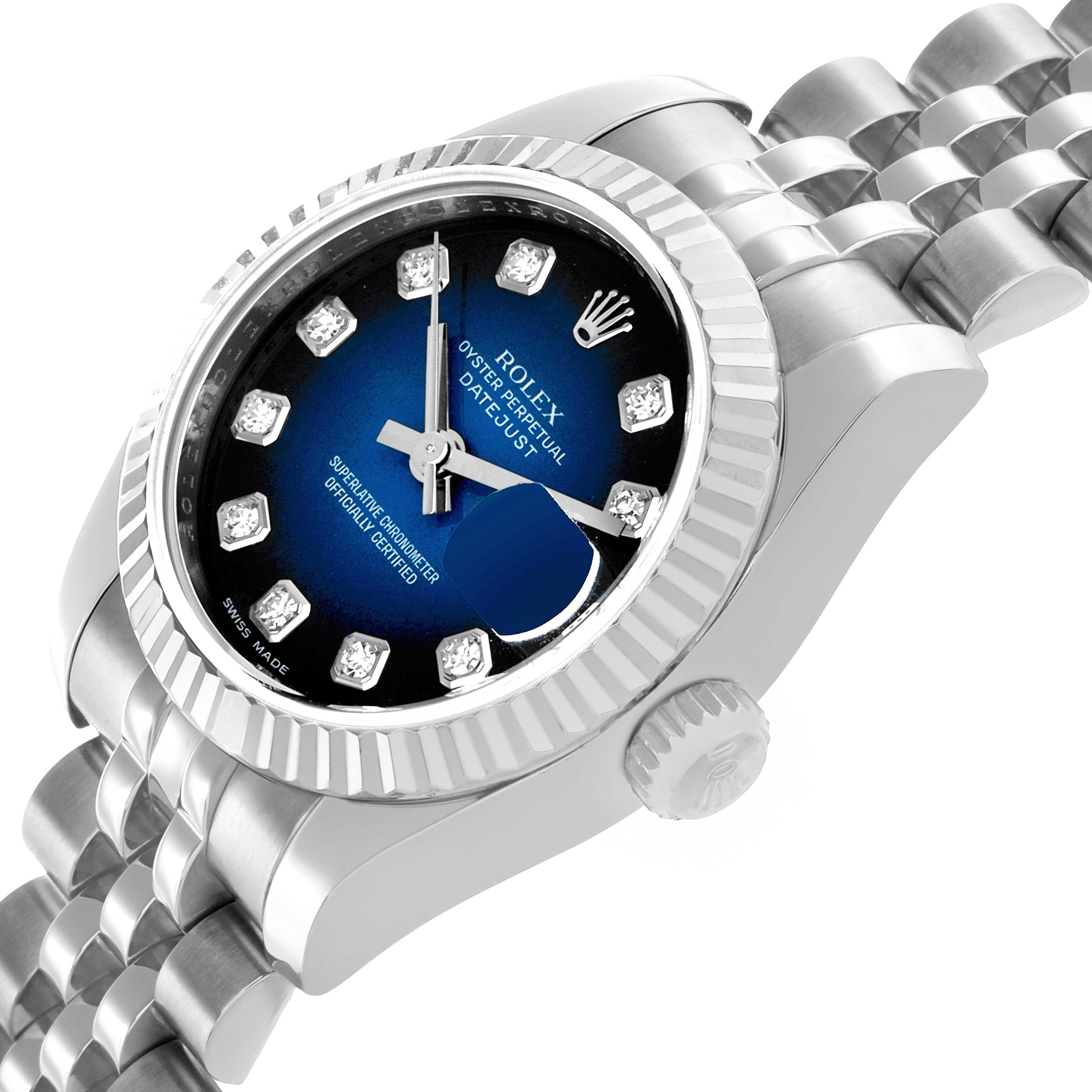 The Rolex Datejust 179174 Women's Stainless Steel Blue Dial watch is shown at an angle highlighting the bezel, dial, and part of the bracelet.