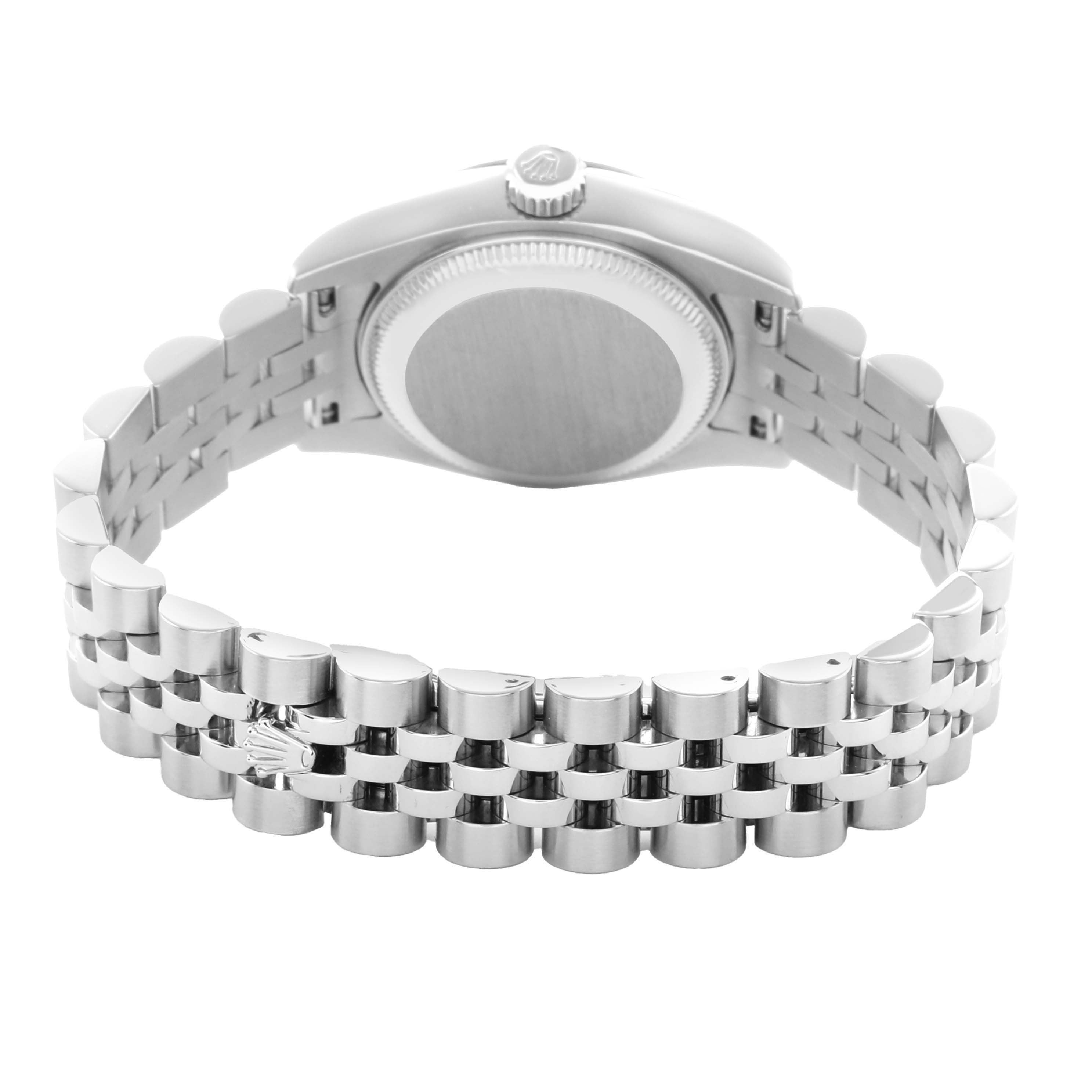 The image shows the back of a Rolex Datejust 179174 Women's Stainless Steel Blue Dial watch, focusing on the case back and bracelet.