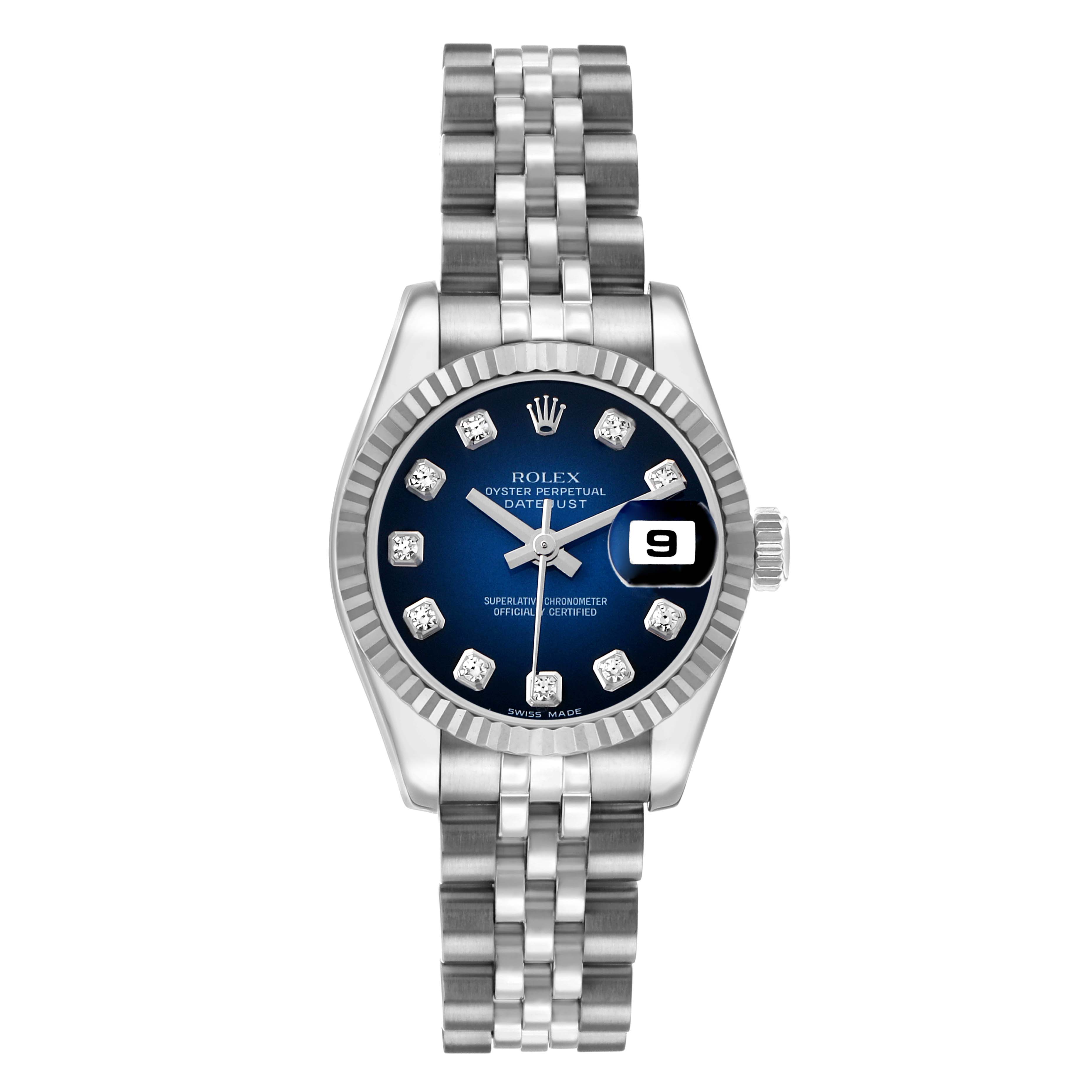 The image shows a front view of a Rolex Datejust 179174 Women's Stainless Steel Blue Dial watch, highlighting the bracelet, dial, hands, and date window.