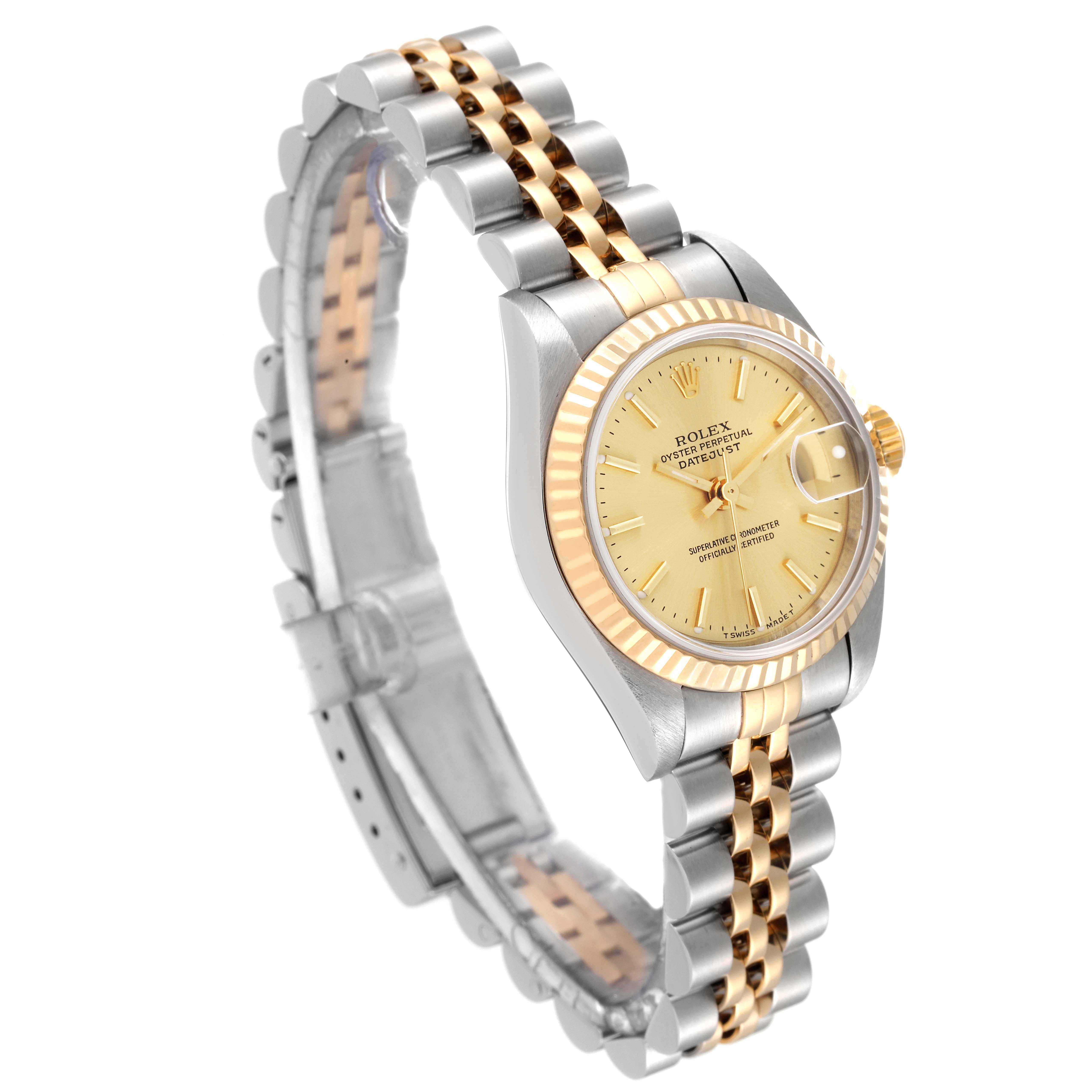 The image shows a Rolex Datejust 79173 Women's Steel and Gold (two tone) Champagne Dial 79173 Women's Steel and Gold (two tone) Champagne Dial watch from a side angle highlighting its two-tone Jubilee bracelet and gold fluted bezel.