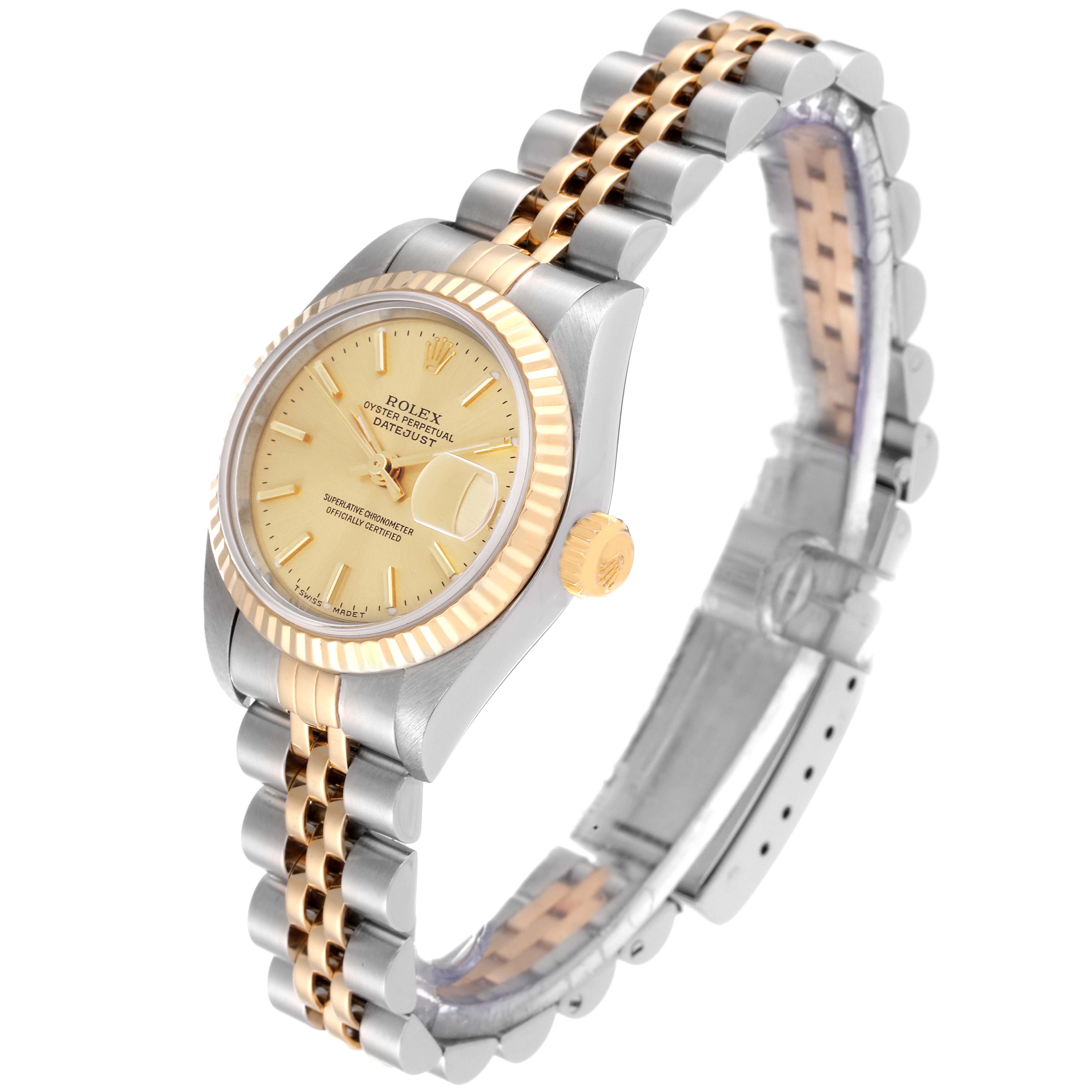 The image shows a Rolex Datejust 79173 Women's Steel and Gold (two tone) Champagne Dial 79173 Women's Steel and Gold (two tone) Champagne Dial watch at a three-quarter angle, highlighting the champagne dial, fluted bezel, and two-tone jubilee bracelet.