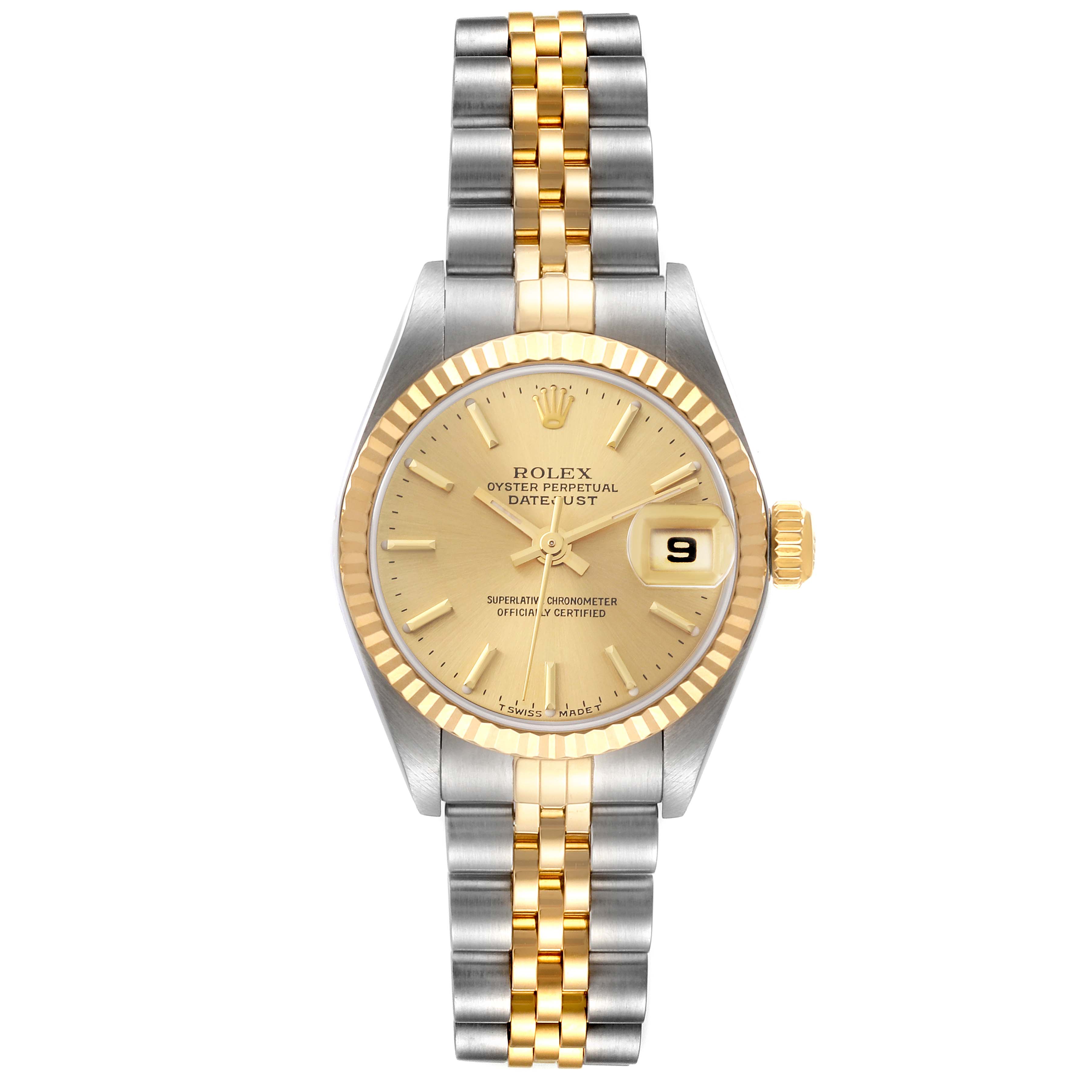 This image shows a front view of a Rolex Datejust 79173 Women's Steel and Gold (two tone) Champagne Dial 79173 Women's Steel and Gold (two tone) Champagne Dial watch featuring a two-tone bracelet, a gold dial, and a date window at 3 o'clock.
