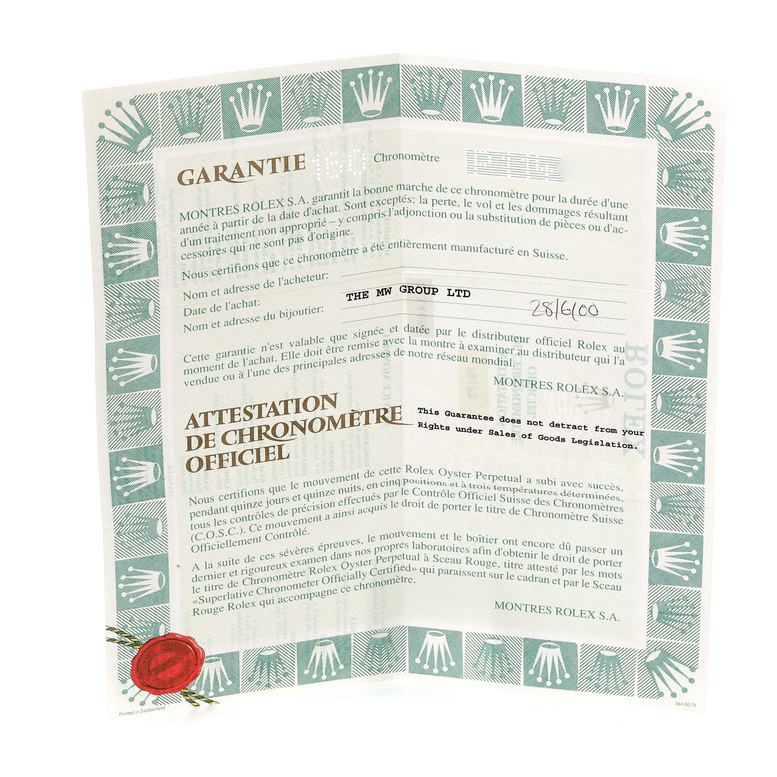 The image shows a Rolex Datejust 79173 Women's Steel and Gold (two tone) Champagne Dial 79173 Women's Steel and Gold (two tone) Champagne Dial warranty certificate document displaying purchase details.