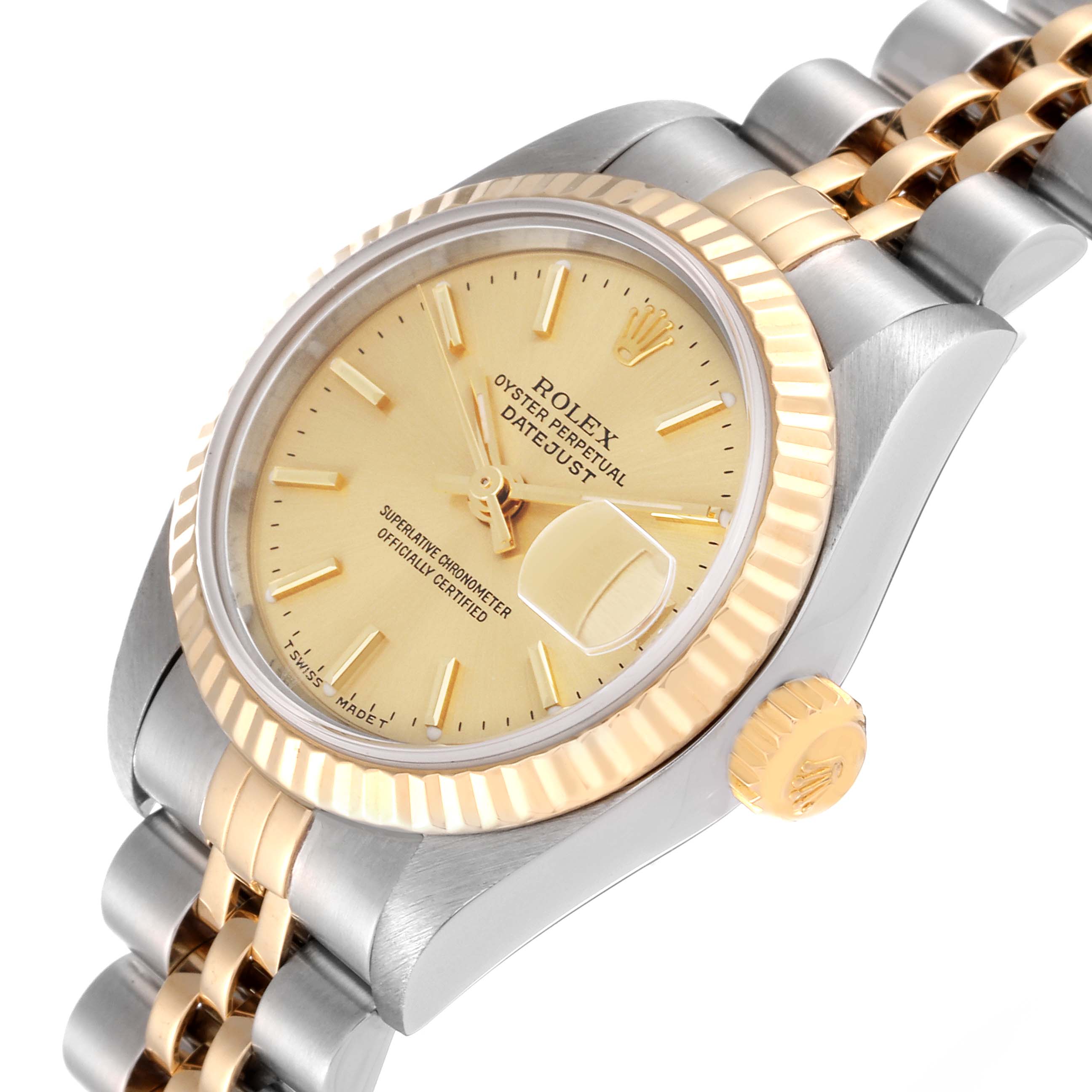 This Rolex Datejust 79173 Women's Steel and Gold (two tone) Champagne Dial 79173 Women's Steel and Gold (two tone) Champagne Dial watch is shown at an oblique angle, highlighting the face, bezel, crown, and partial Jubilee bracelet.