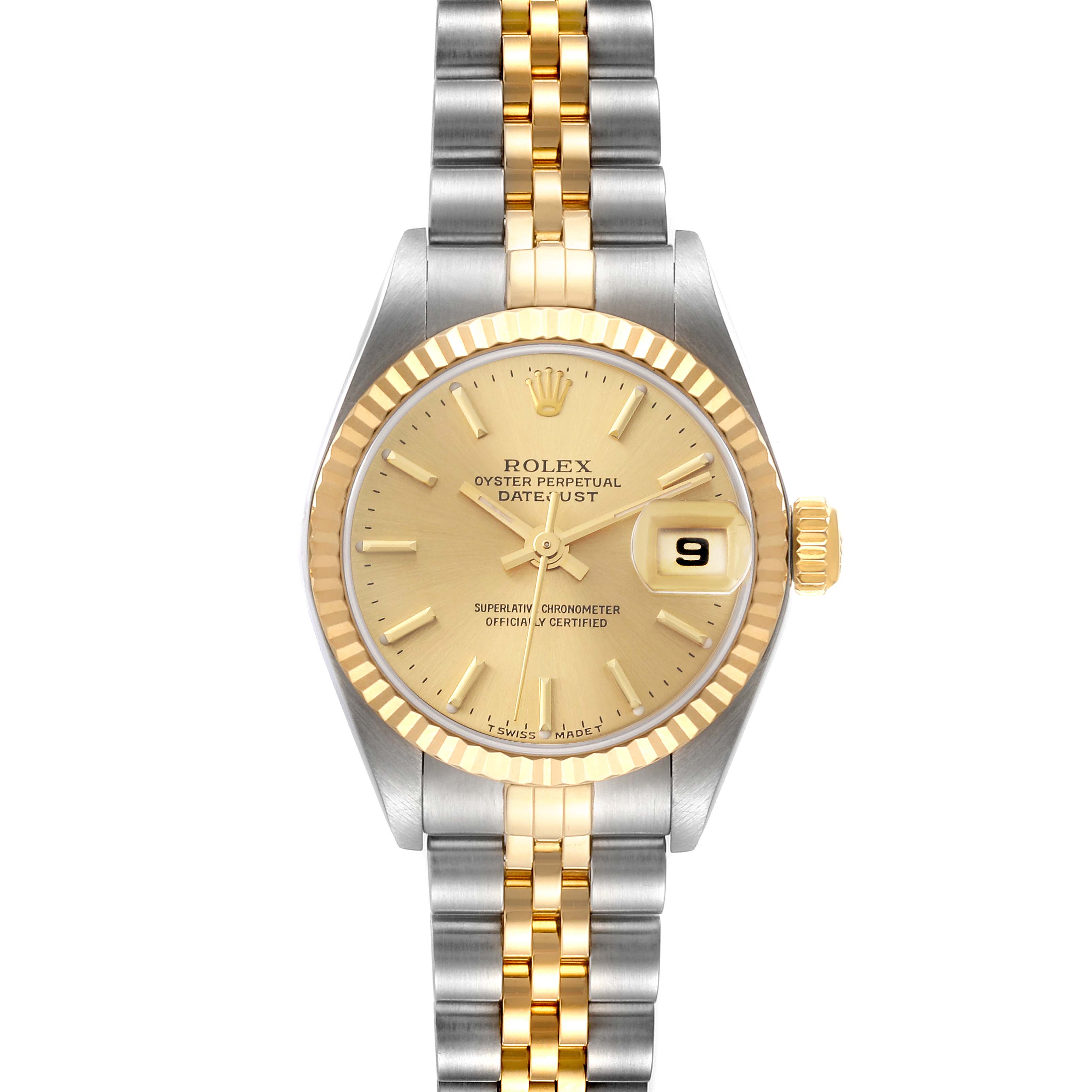 This image shows a front view of a Rolex Datejust 79173 Women's Steel and Gold (two tone) Champagne Dial 79173 Women's Steel and Gold (two tone) Champagne Dial watch, highlighting the face, bezel, crown, and two-tone bracelet.