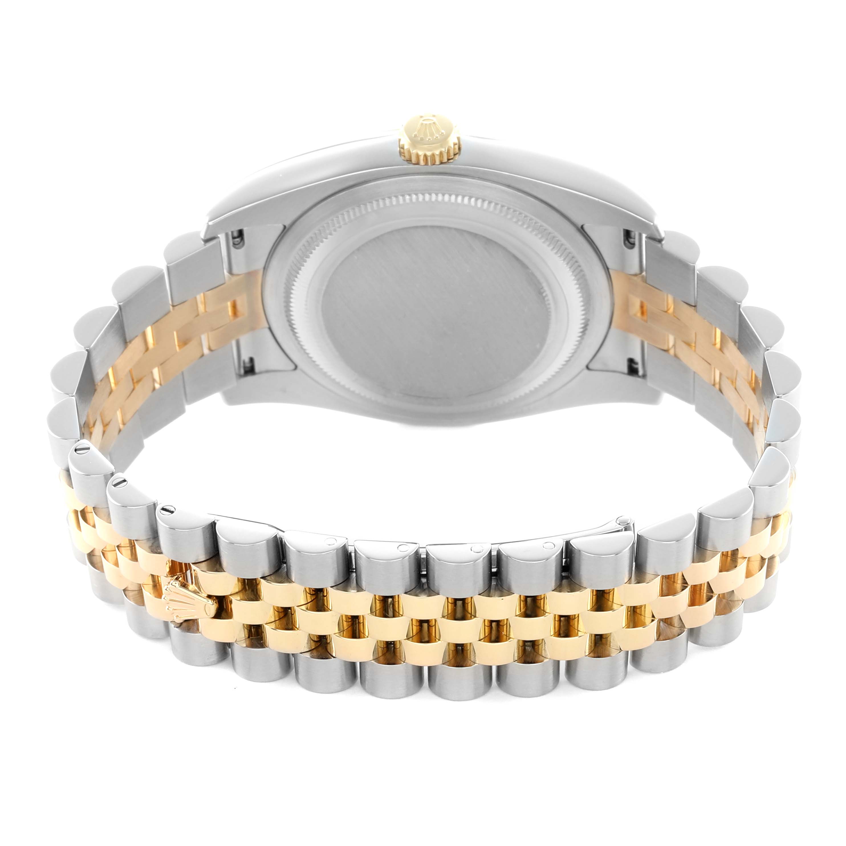 The Rolex Datejust 116233 Men
s Steel and Gold (two tone) Champagne Dial watch is shown from the back, highlighting the case, crown, and two-tone Jubilee bracelet.