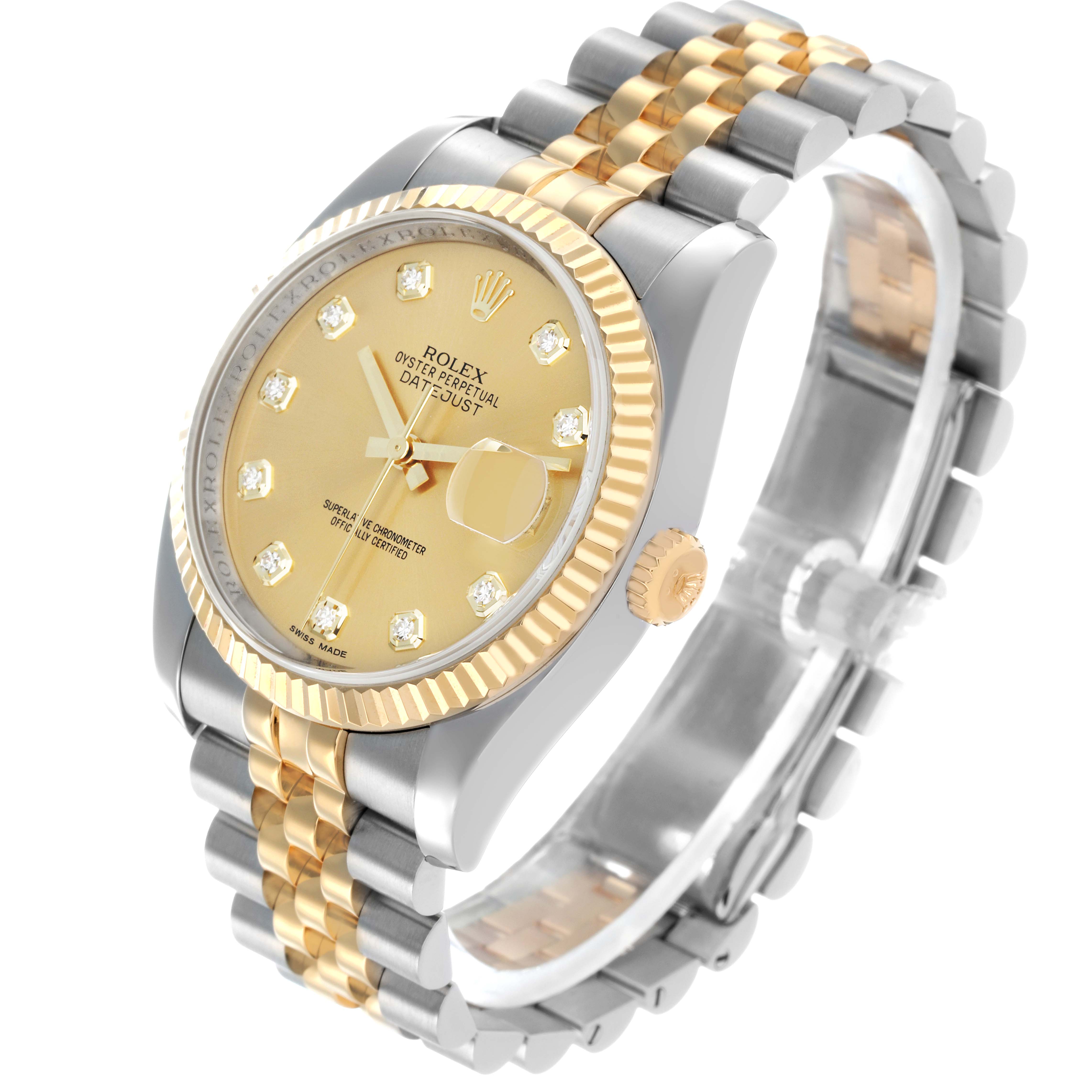 The Rolex Datejust 116233 Men
s Steel and Gold (two tone) Champagne Dial watch is shown at a three-quarter angle, displaying the dial, bezel, crown, and two-tone bracelet.