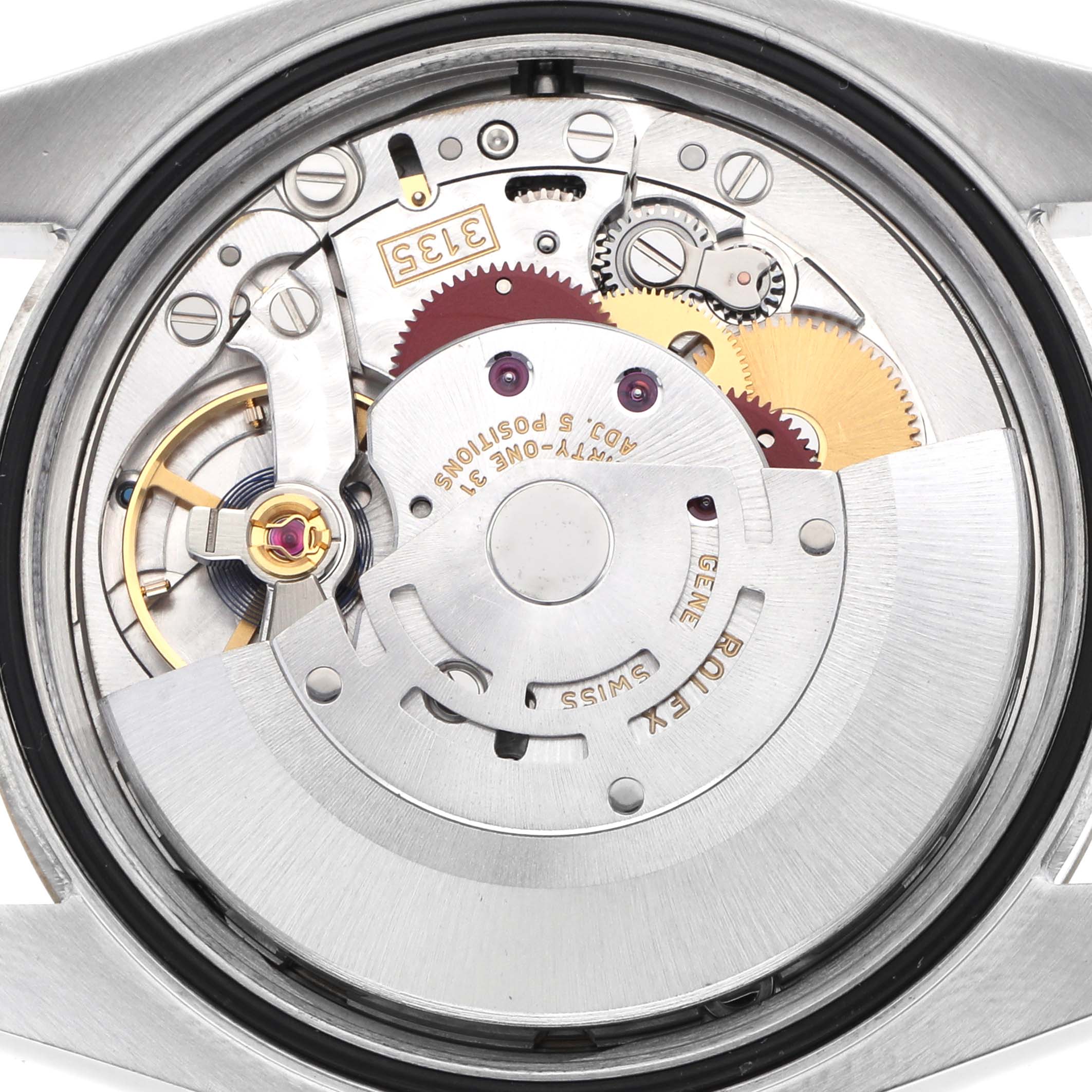 The image shows the movement of a Rolex Datejust 116233 Men
s Steel and Gold (two tone) Champagne Dial watch from a rear angle, highlighting gears and the rotor.