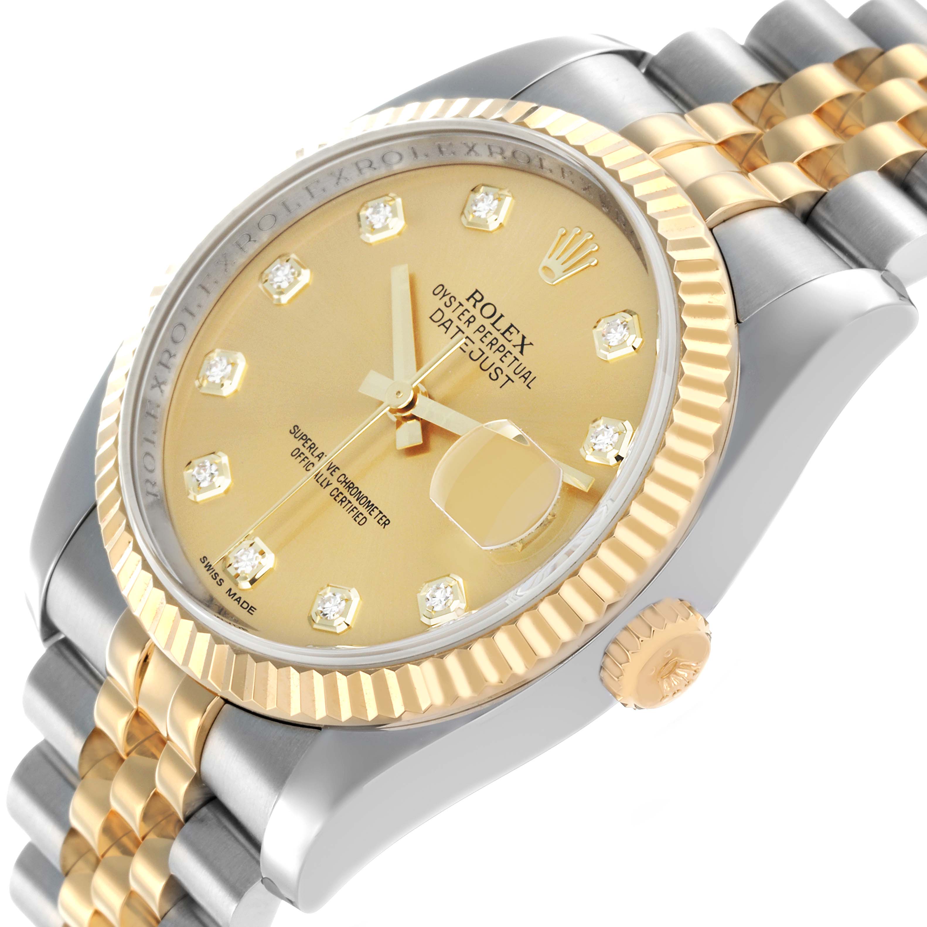 The Rolex Datejust 116233 Men
s Steel and Gold (two tone) Champagne Dial watch is shown at an angled side view, displaying the face, gold fluted bezel, crown, and part of the bracelet.