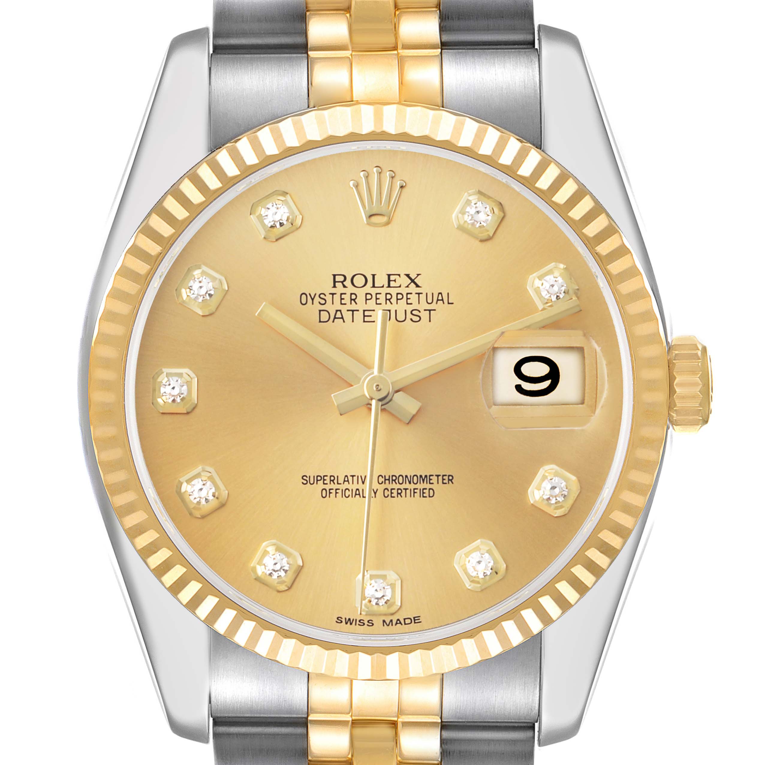 The Rolex Datejust 116233 Men
s Steel and Gold (two tone) Champagne Dial watch is shown from the front, highlighting the dial, bezel, crown, and part of the bracelet.