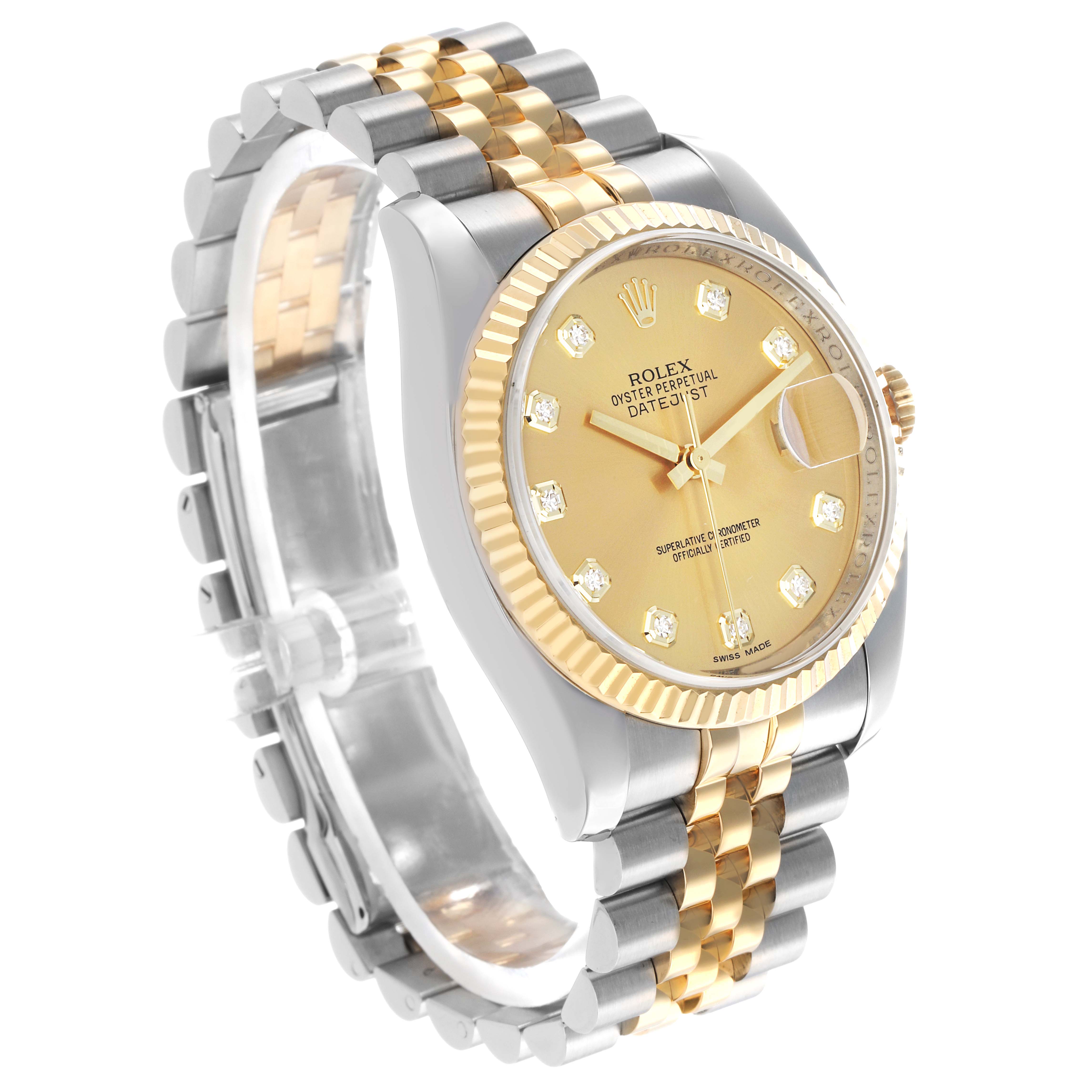 The Rolex Datejust 116233 Men
s Steel and Gold (two tone) Champagne Dial watch is shown at a three-quarter angle, highlighting the dial, bezel, and bracelet.