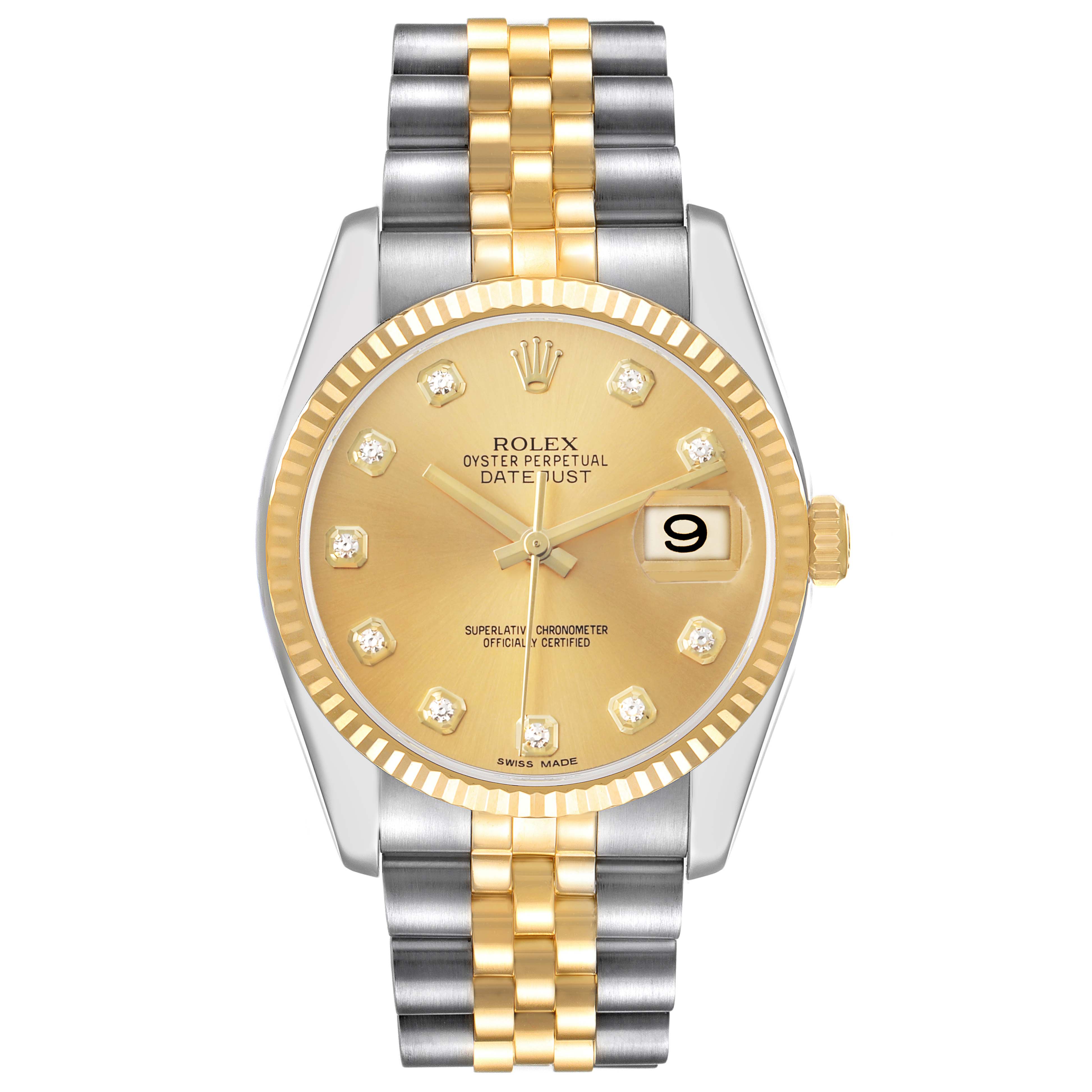 The Rolex Datejust 116233 Men
s Steel and Gold (two tone) Champagne Dial watch is shown from the front, displaying the gold dial, fluted bezel, date window, and two-tone bracelet.
