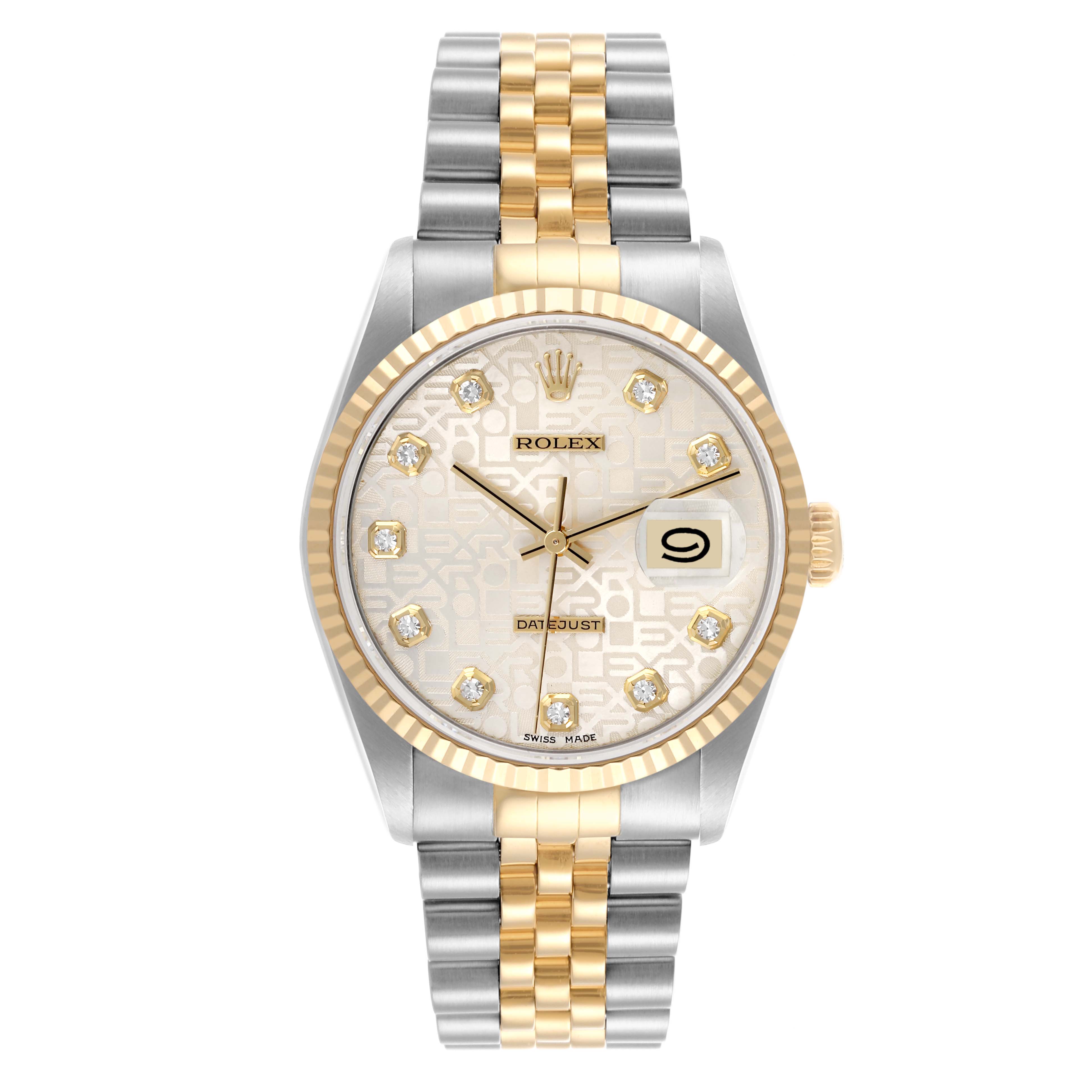 The Rolex Datejust 16233 Men
s Steel and Gold (two tone) White Dial 16233 Men
s Steel and Gold (two tone) White Dial watch is shown from a front angle, displaying the face, bezel, case, bracelet, and crown.