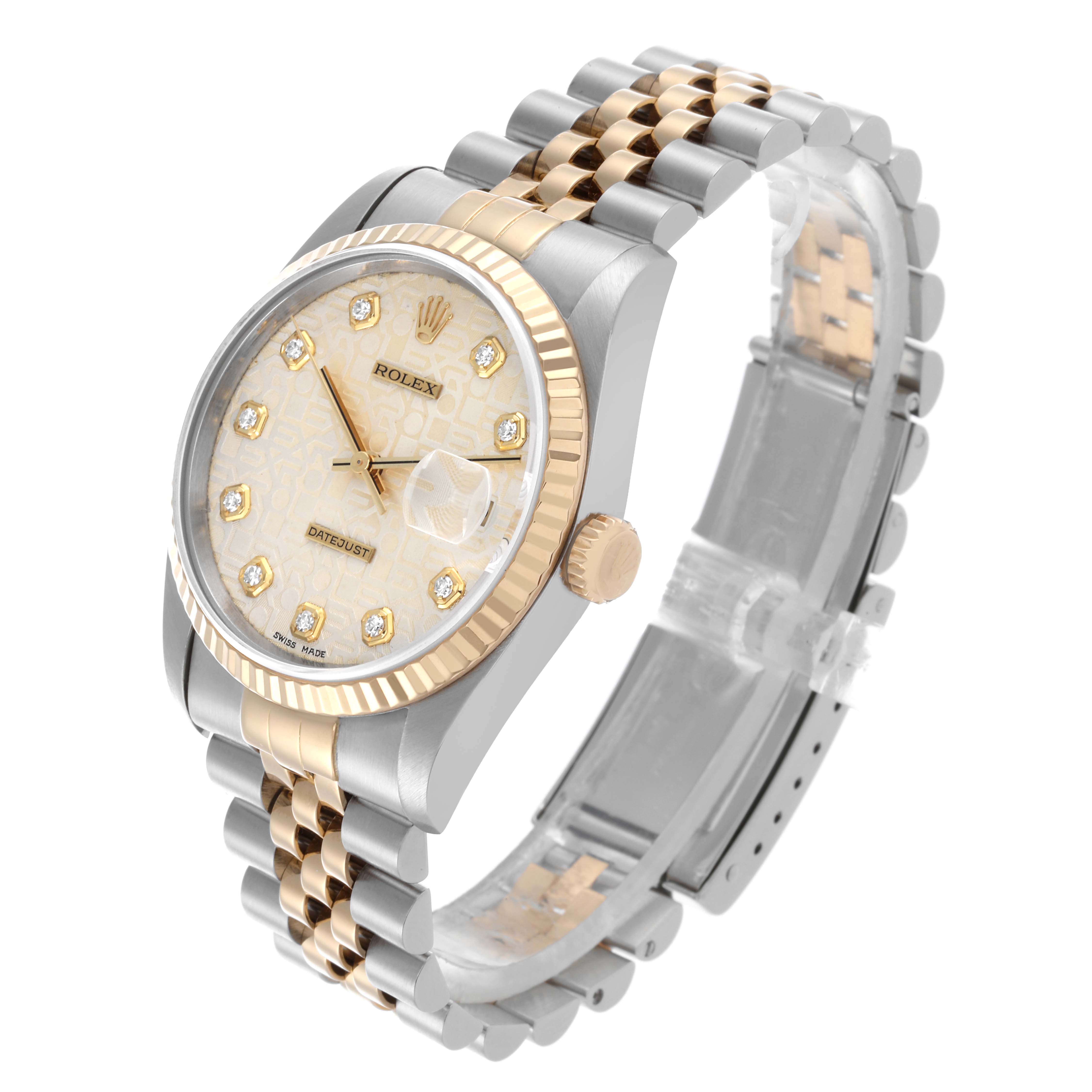 The Rolex Datejust 16233 Men
s Steel and Gold (two tone) White Dial 16233 Men
s Steel and Gold (two tone) White Dial watch is shown at a three-quarter angle, highlighting the face, bezel, crown, and Jubilee bracelet.